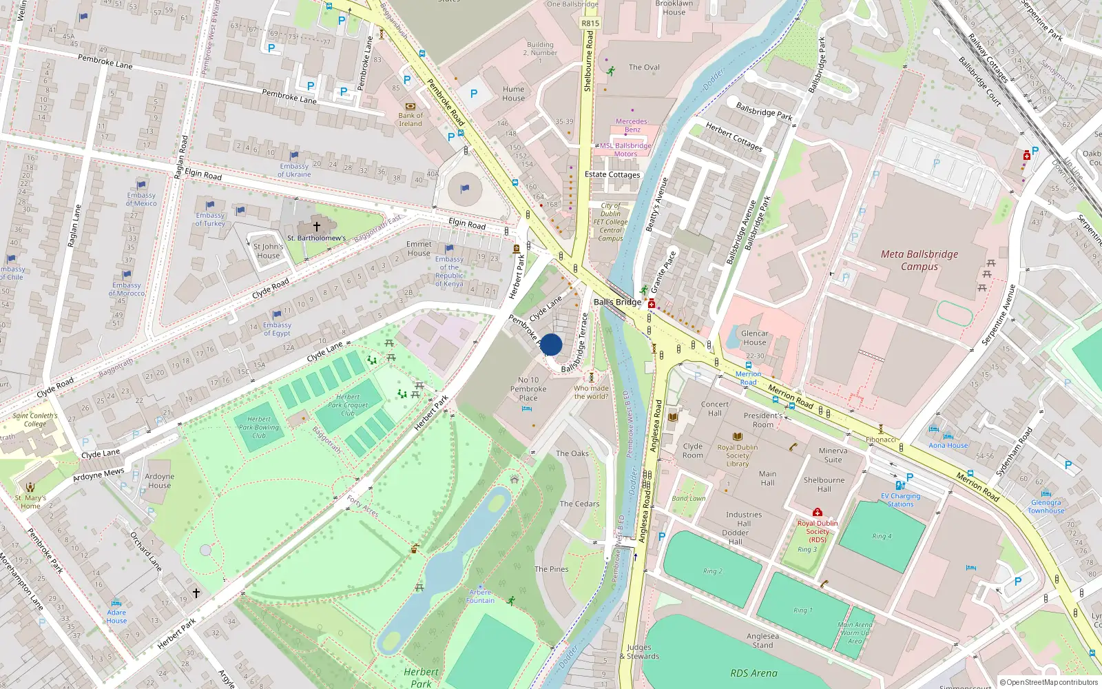 Overhead map showing the location of 36 Herbert Park, Dublin