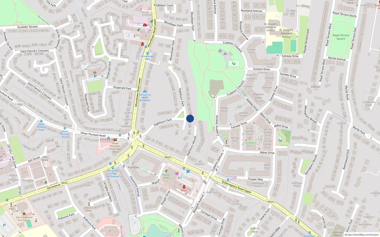 Overhead map showing the location of 36 Highthorn Park, Monkstown Farm, Dun Laoghaire