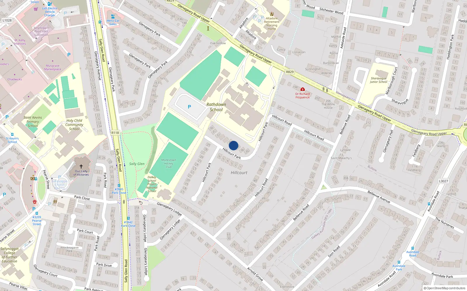 Overhead map showing the location of 36 Hillcourt Park, Glenageary, Dublin