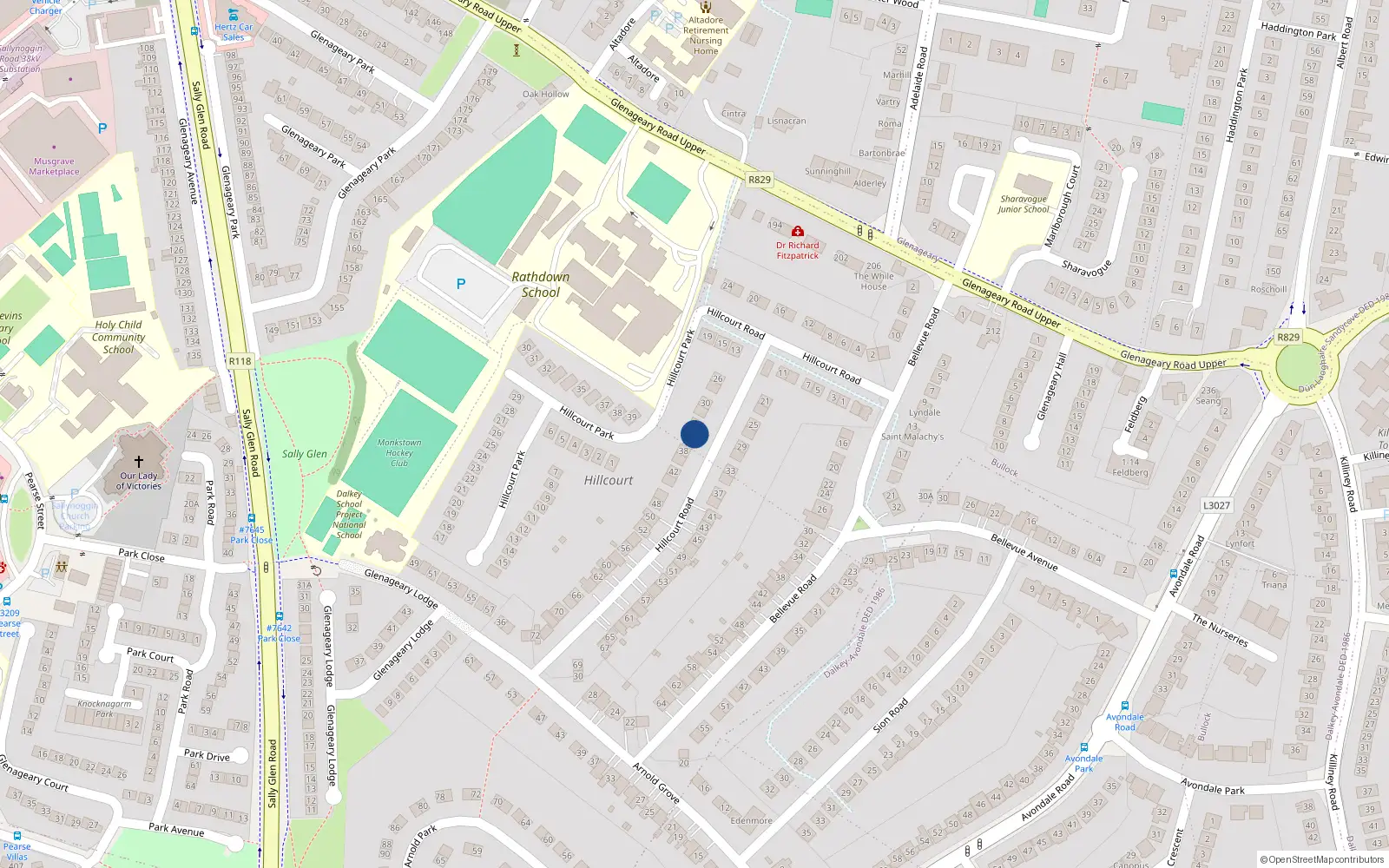 Overhead map showing the location of 36 Hillcourt Road, Co Dublin