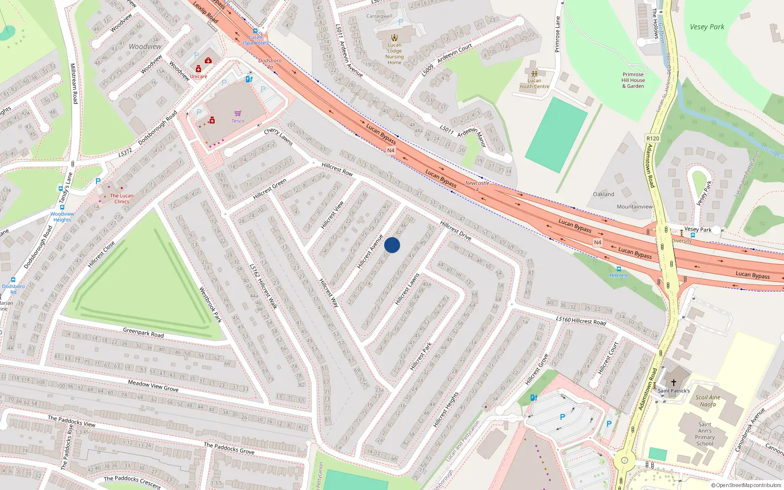 Overhead map showing the location of 36 Hillcrest Avenue, Lucan, Dublin