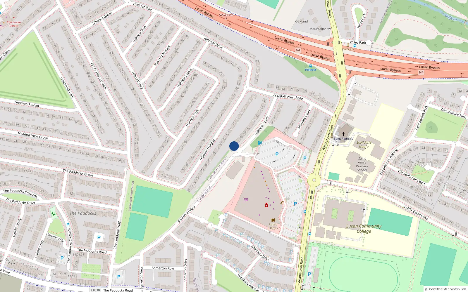 Overhead map showing the location of 36 Hillcrest Grove, Lucan, Dublin