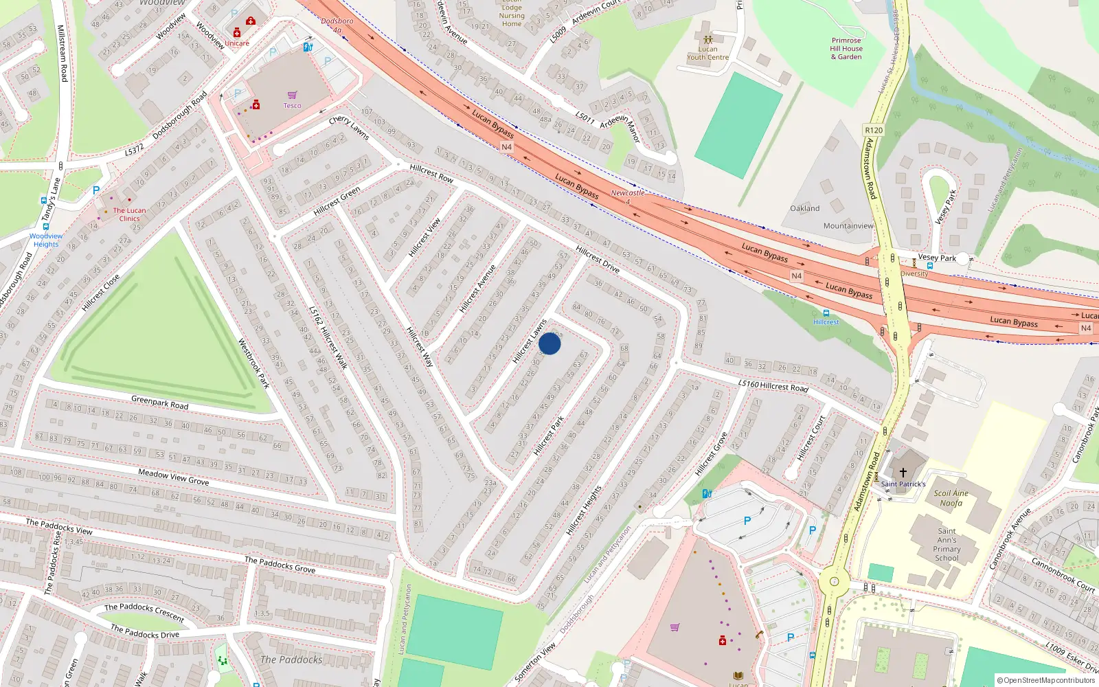 Overhead map showing the location of 36 Hillcrest Lawns, Lucan