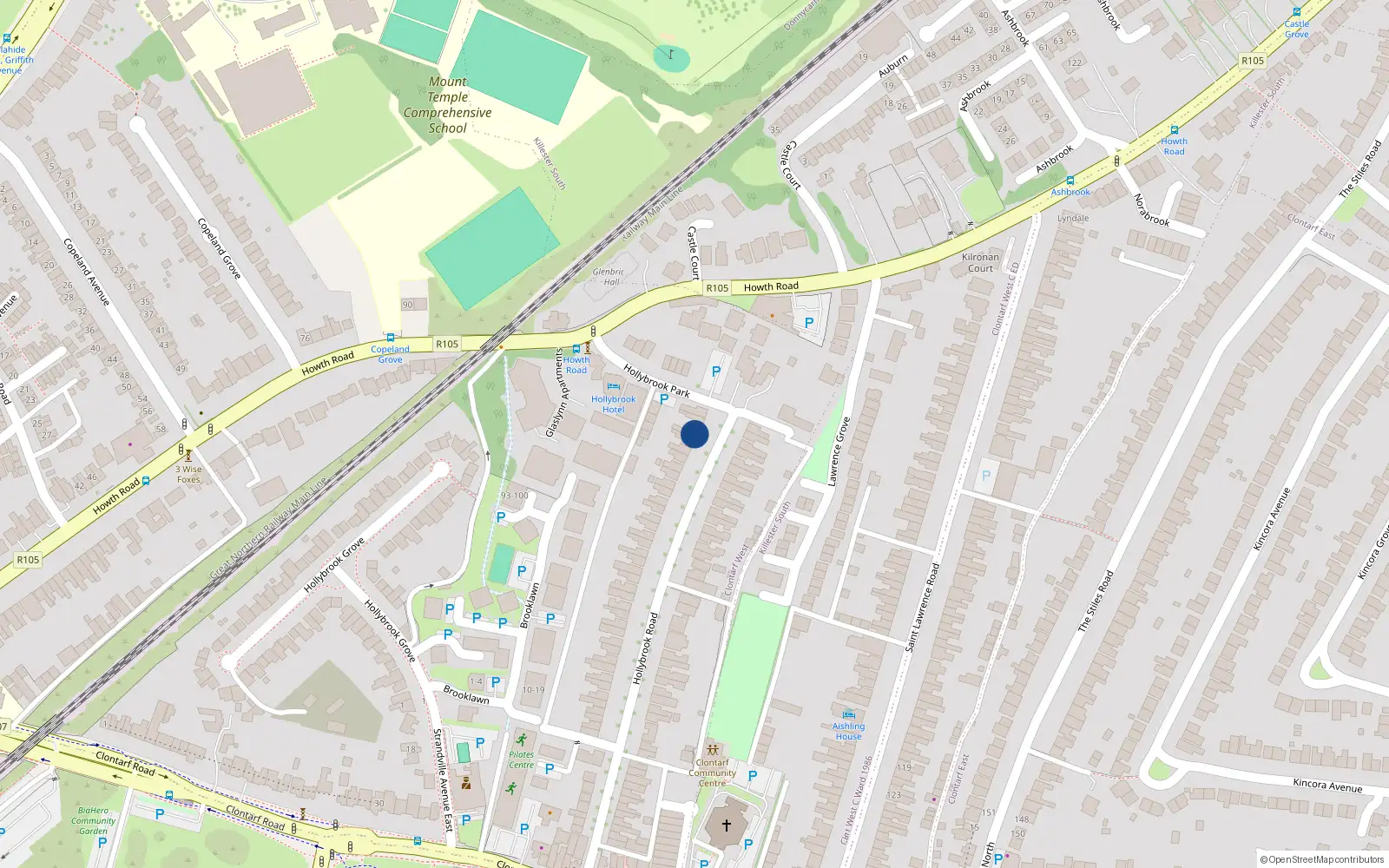Overhead map showing the location of 36 Hollybrook Road, Clontarf, Dublin 3