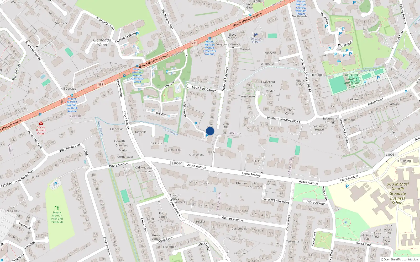 Overhead map showing the location of 36 Hyde Park Avenue, Blackrock, Dublin