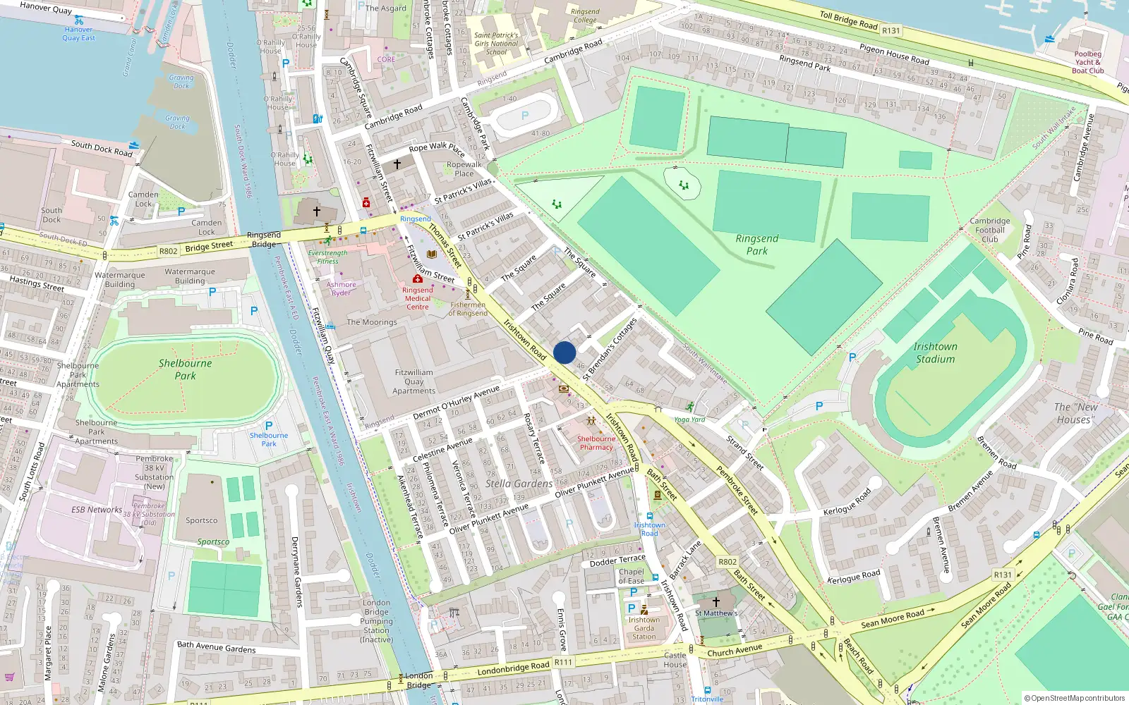 Overhead map showing the location of 36 Irishtown Road, Ringsend
