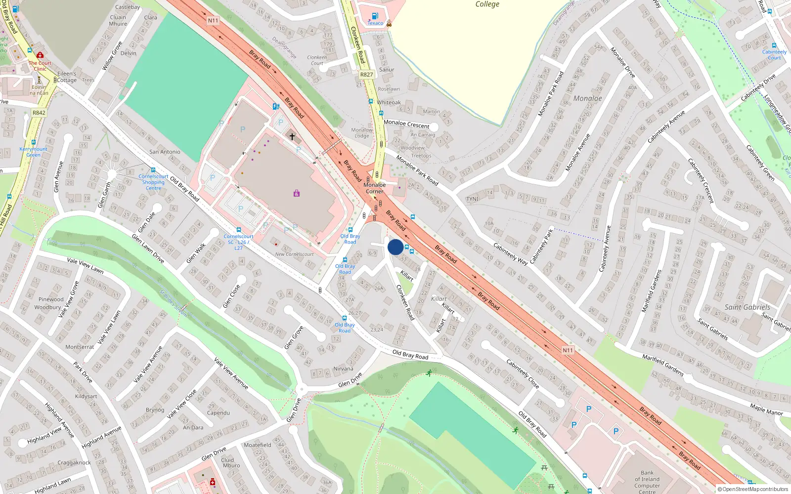 Overhead map showing the location of 36 Killart, Dublin 18