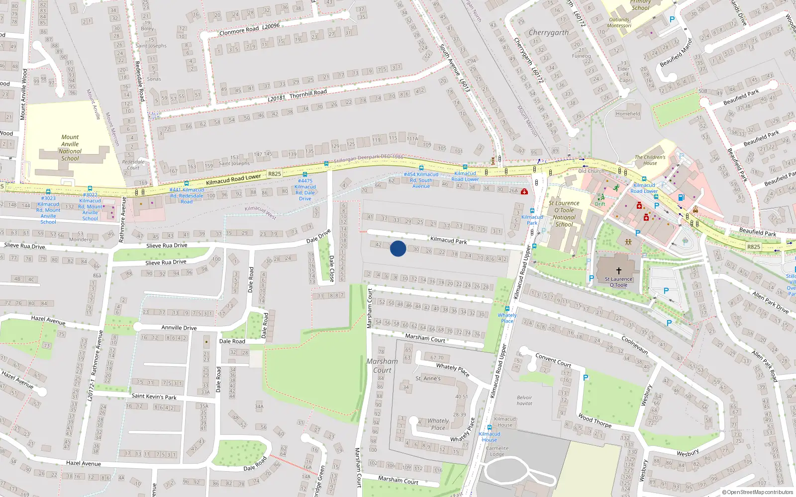 Overhead map showing the location of 36 Kilmacud Park, Blackrock, County Dublin