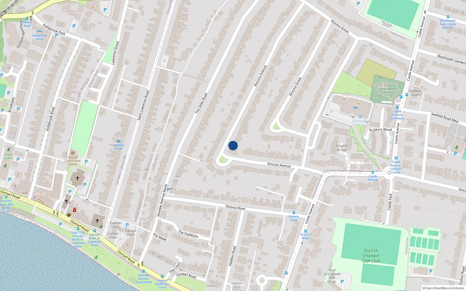 Overhead map showing the location of 36 Kincora Avenue, Clontarf, Dublin 3
