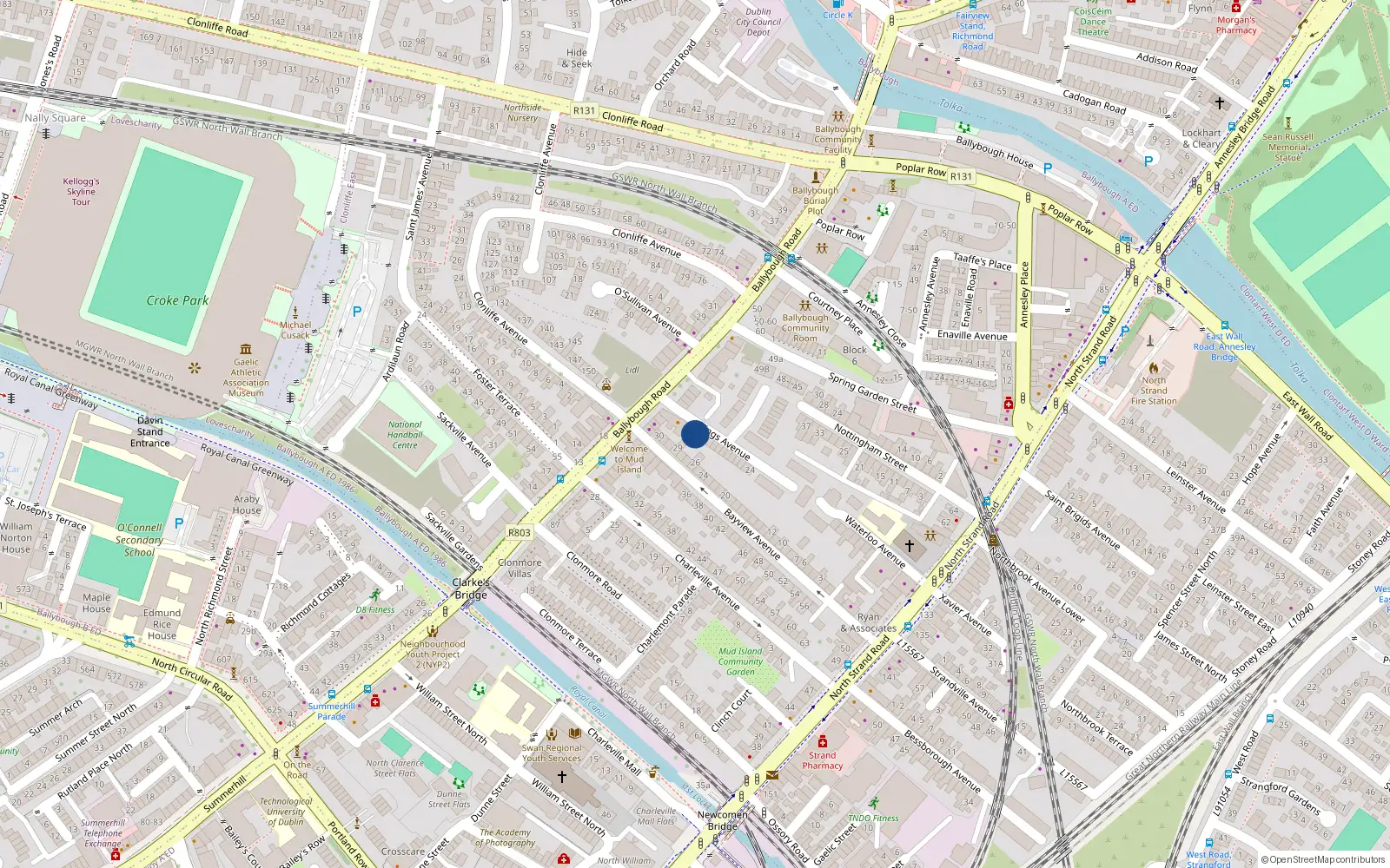 Overhead map showing the location of 36 Kings Avenue, Ballybough, Dublin 3