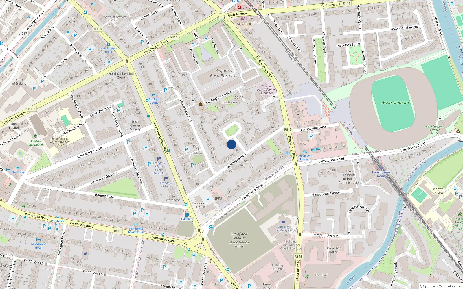 Overhead map showing the location of 36 Lansdowne Park, Dublin 4