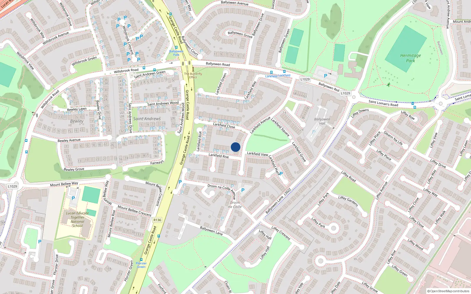 Overhead map showing the location of 36 Larkfield Avenue, Larkfield, Lucan
