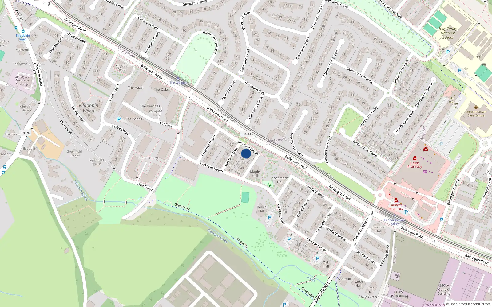 Overhead map showing the location of 36 Larkfield Heath, Kilgobbin