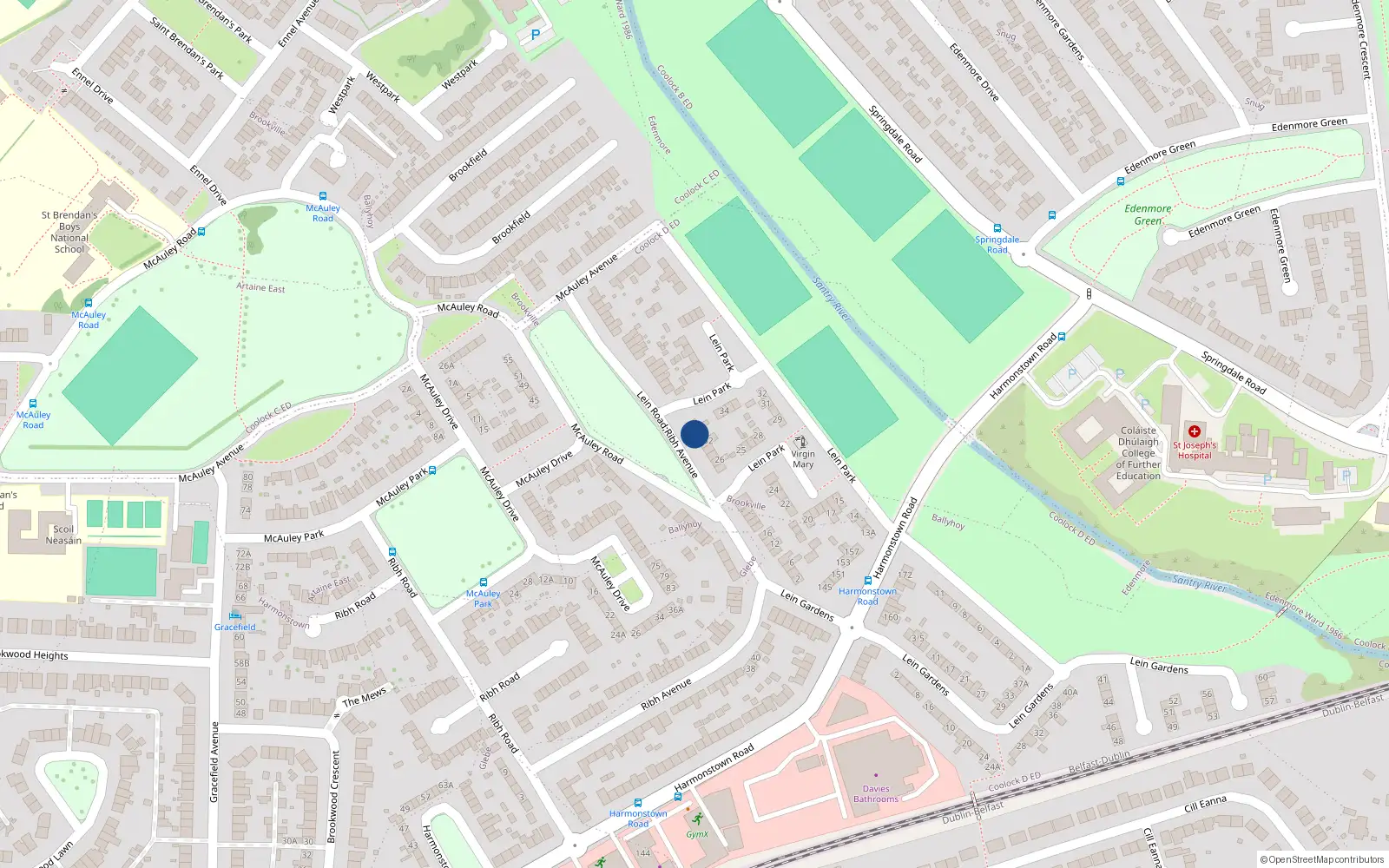 Overhead map showing the location of 36 Lein Road, Dublin 5