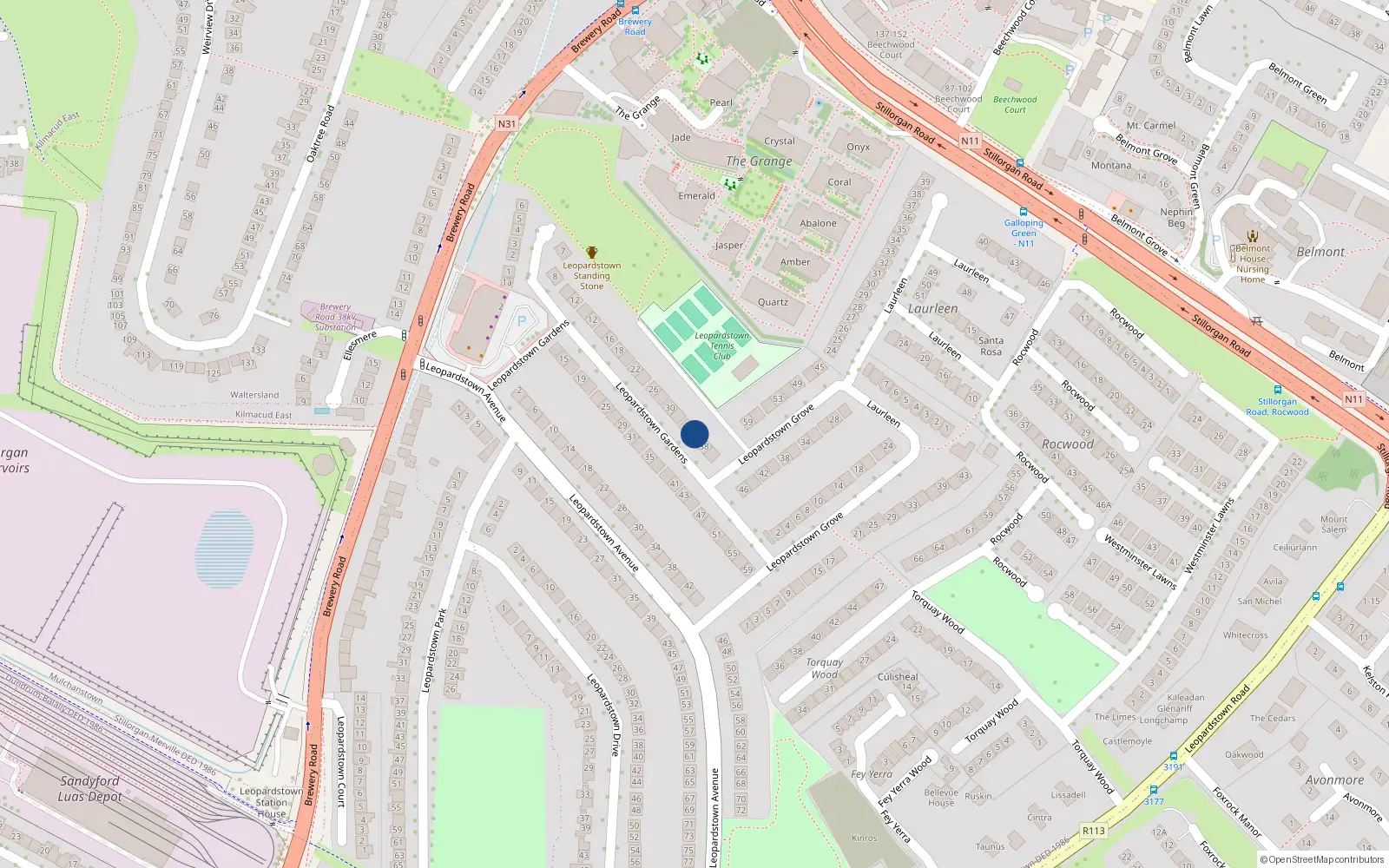 Overhead map showing the location of 36 Leopardstown Gardens, Co Dublin