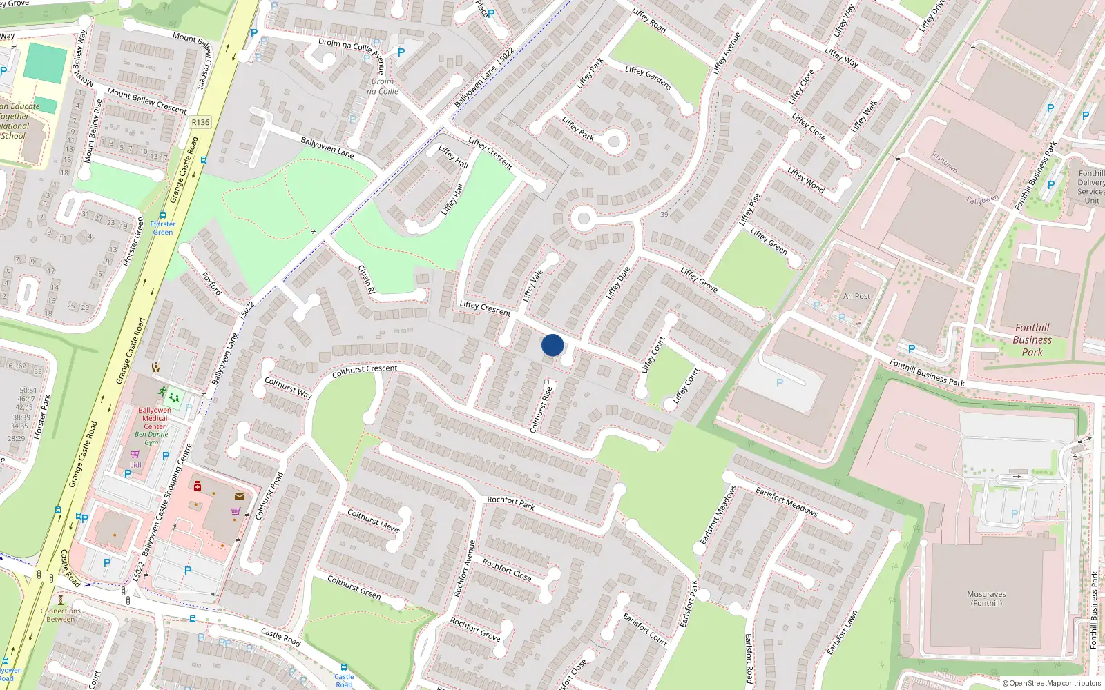 Overhead map showing the location of 36 Liffey Crescent, Lucan