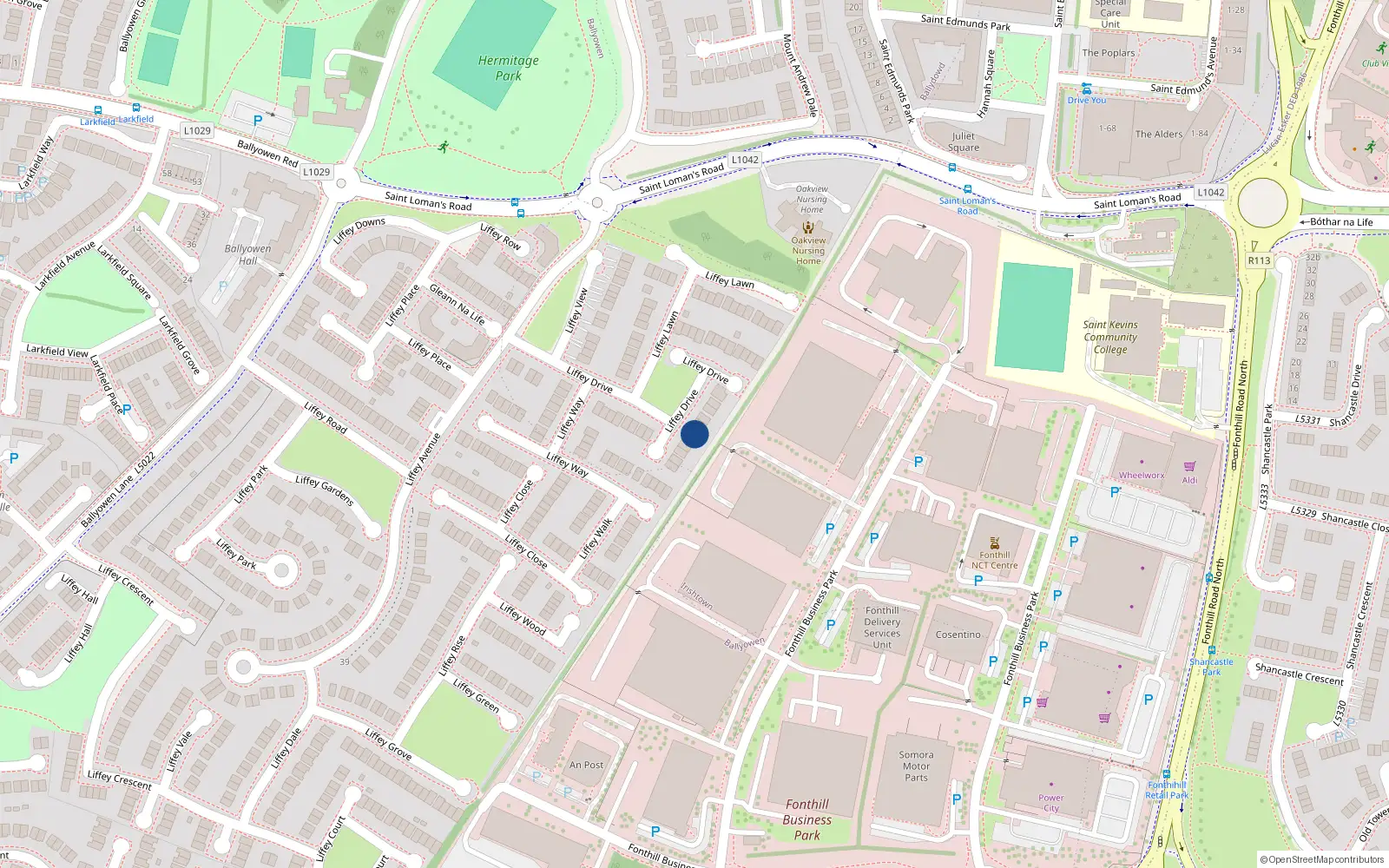Overhead map showing the location of 36 Liffey Drive, Lucan, Dublin
