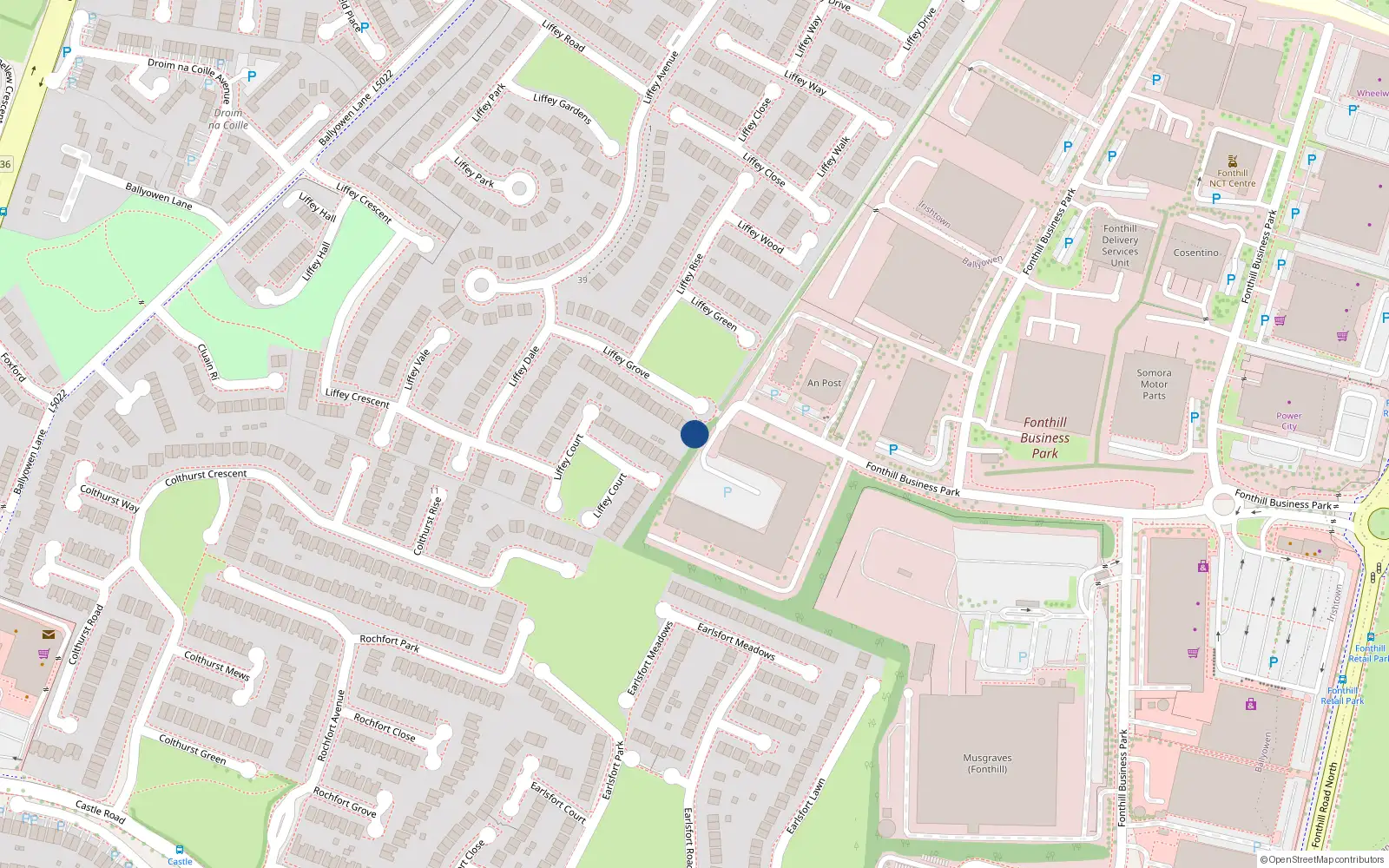 Overhead map showing the location of 36 Liffey Grove, Lucan