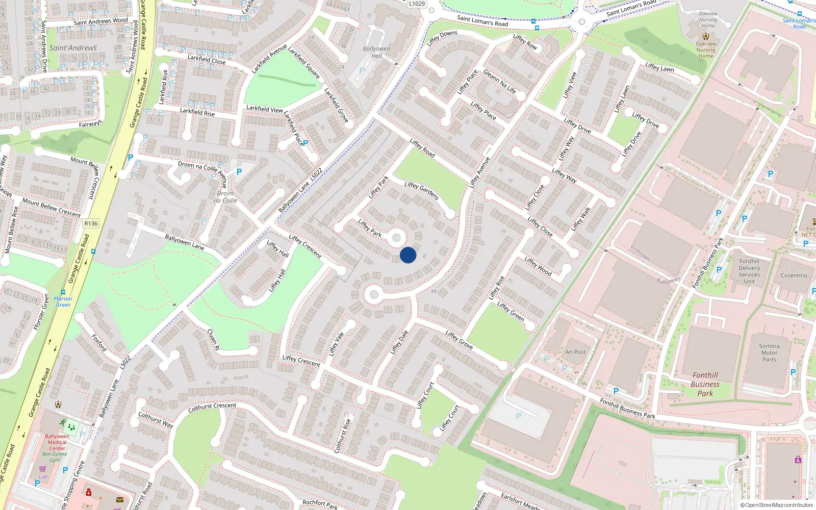 Overhead map showing the location of 36 Liffey Park, Lucan, Dublin