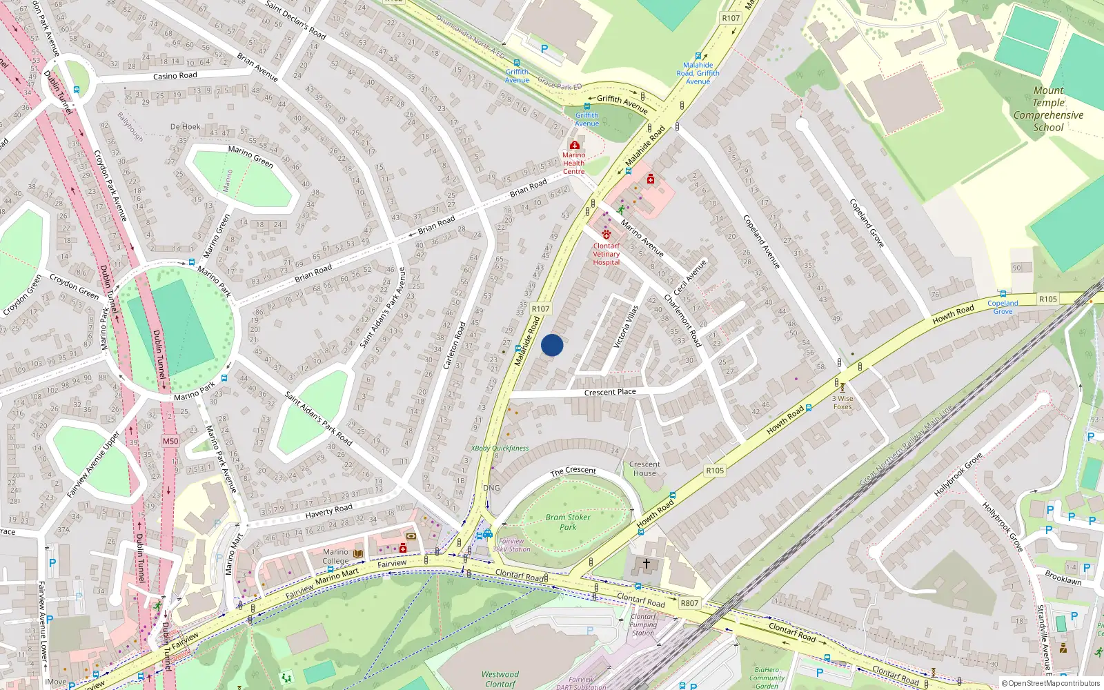 Overhead map showing the location of 36 Malahide Road, Dublin 3