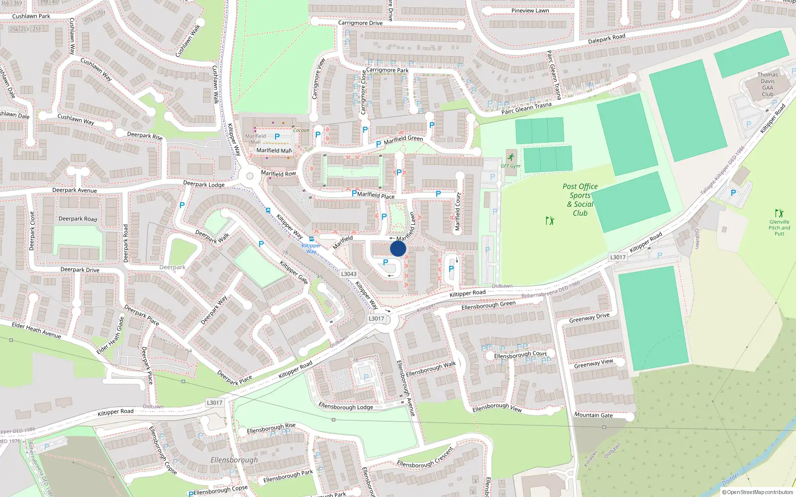 Overhead map showing the location of 36 Marlfield Lawn, Tallaght