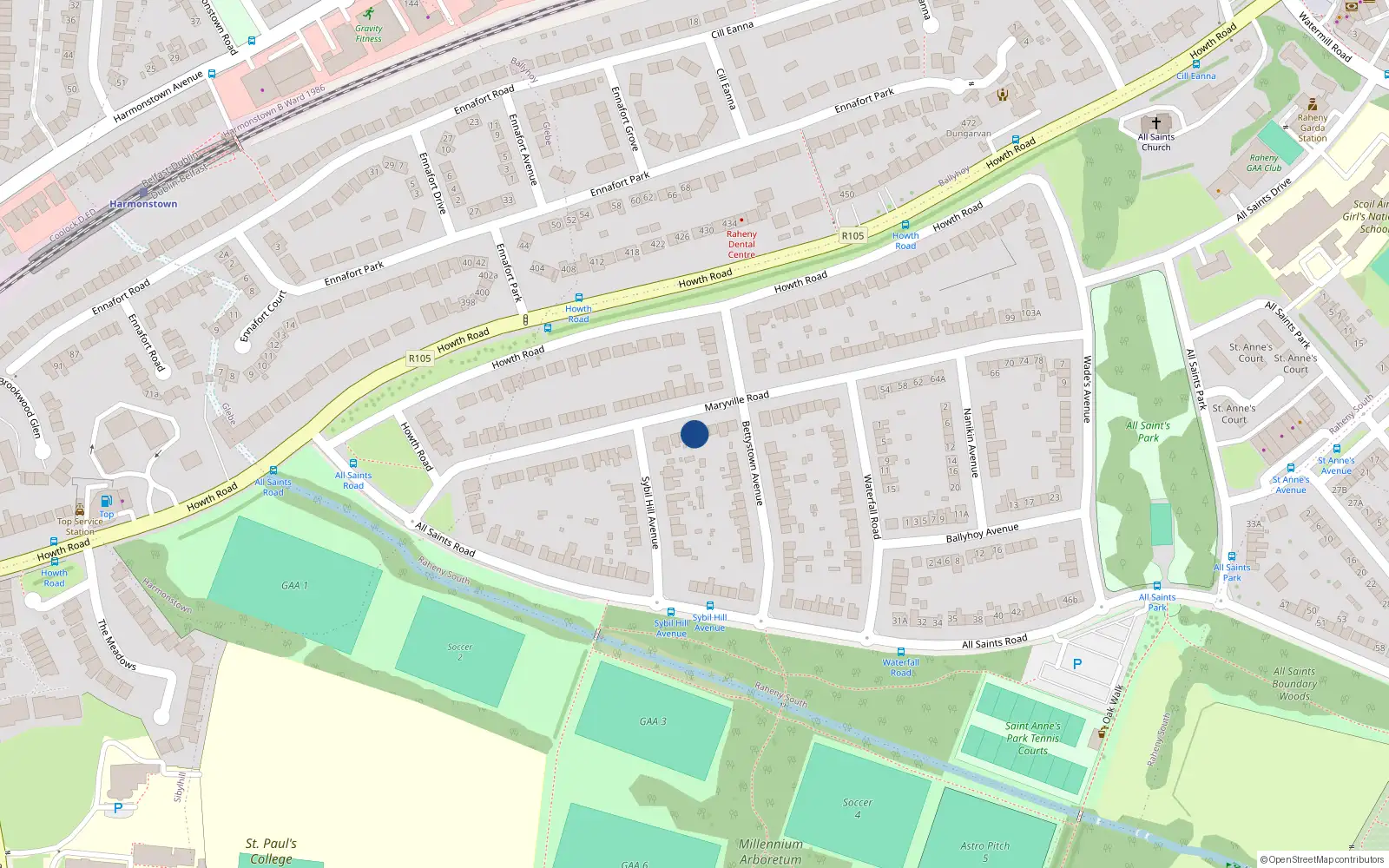 Overhead map showing the location of 36 Maryville Road, Raheny, Dublin 5