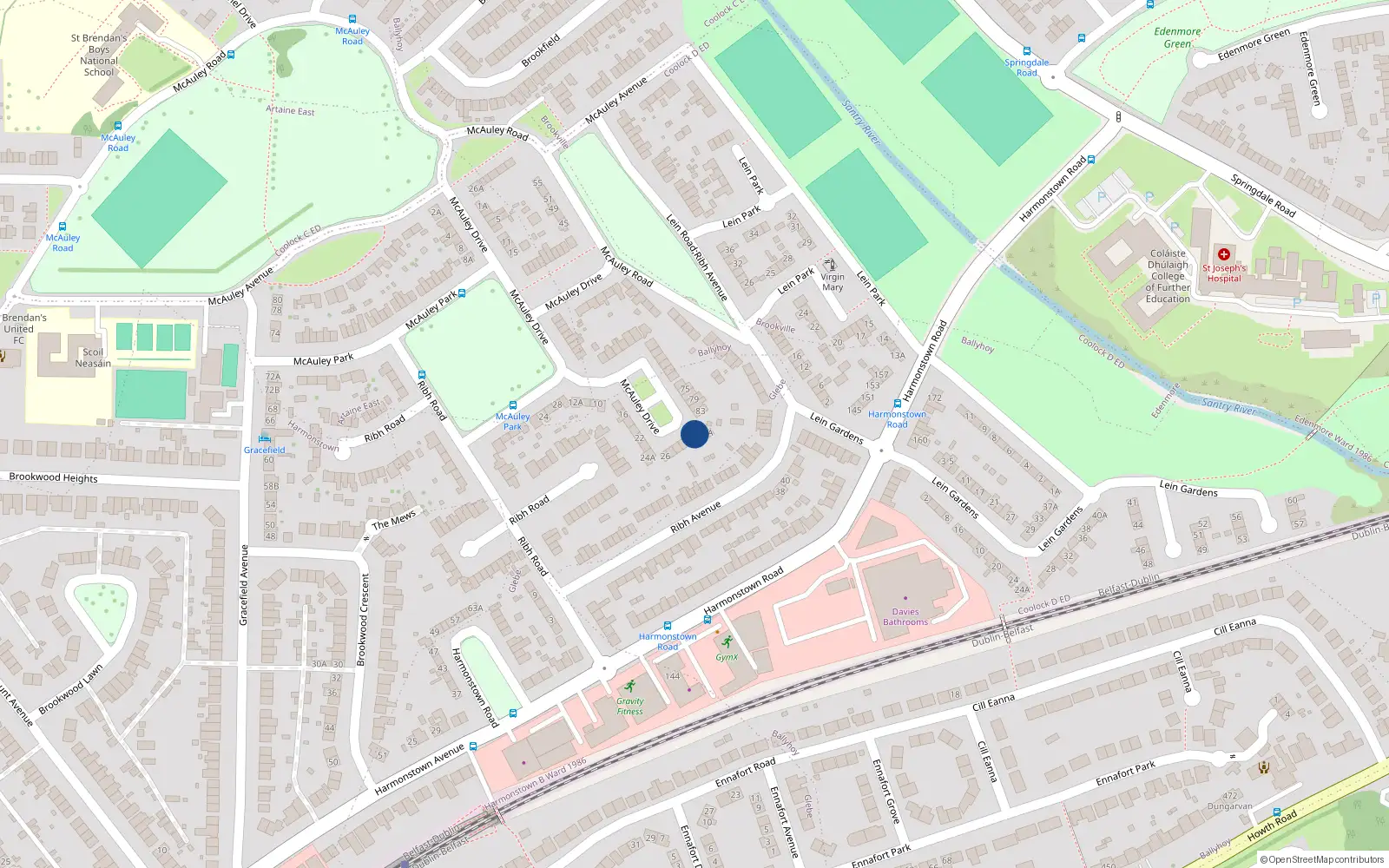 Overhead map showing the location of 36 Mccauley Drive, Artane, Dublin 5