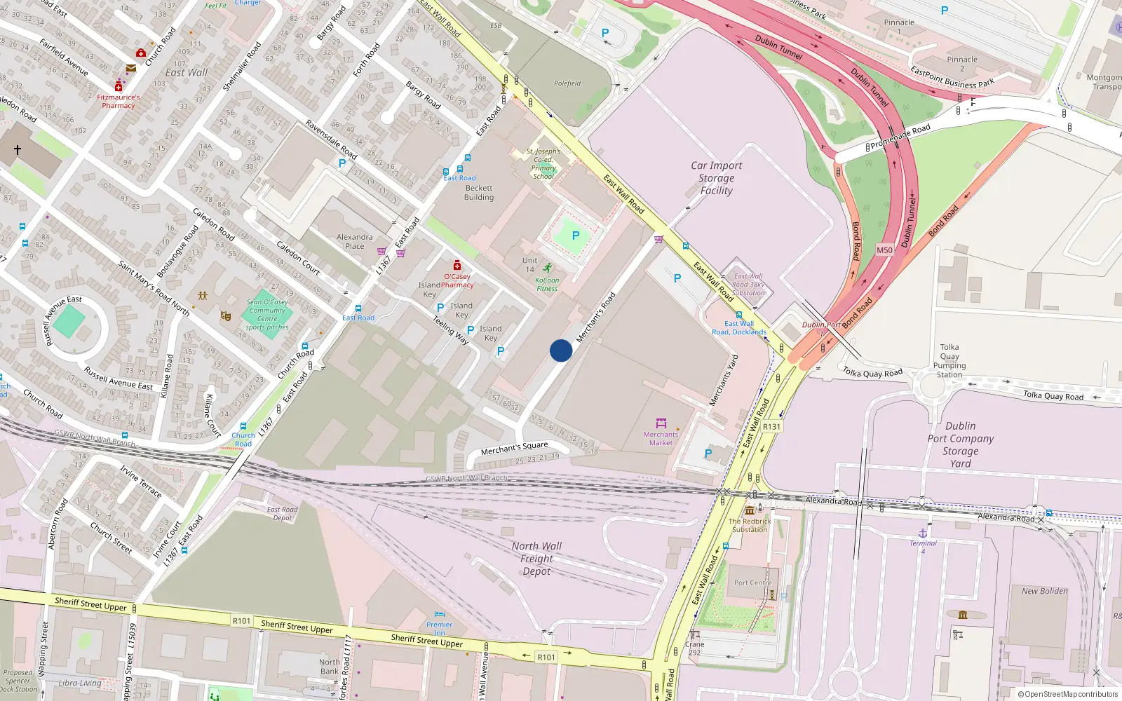 Overhead map showing the location of 36 Merchant's Road, Dublin 3