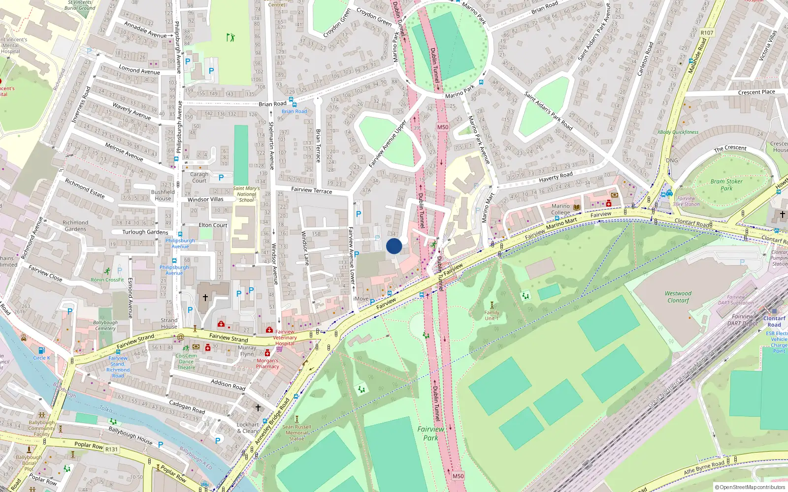Overhead map showing the location of 36 Merville Avenue, Dublin 3