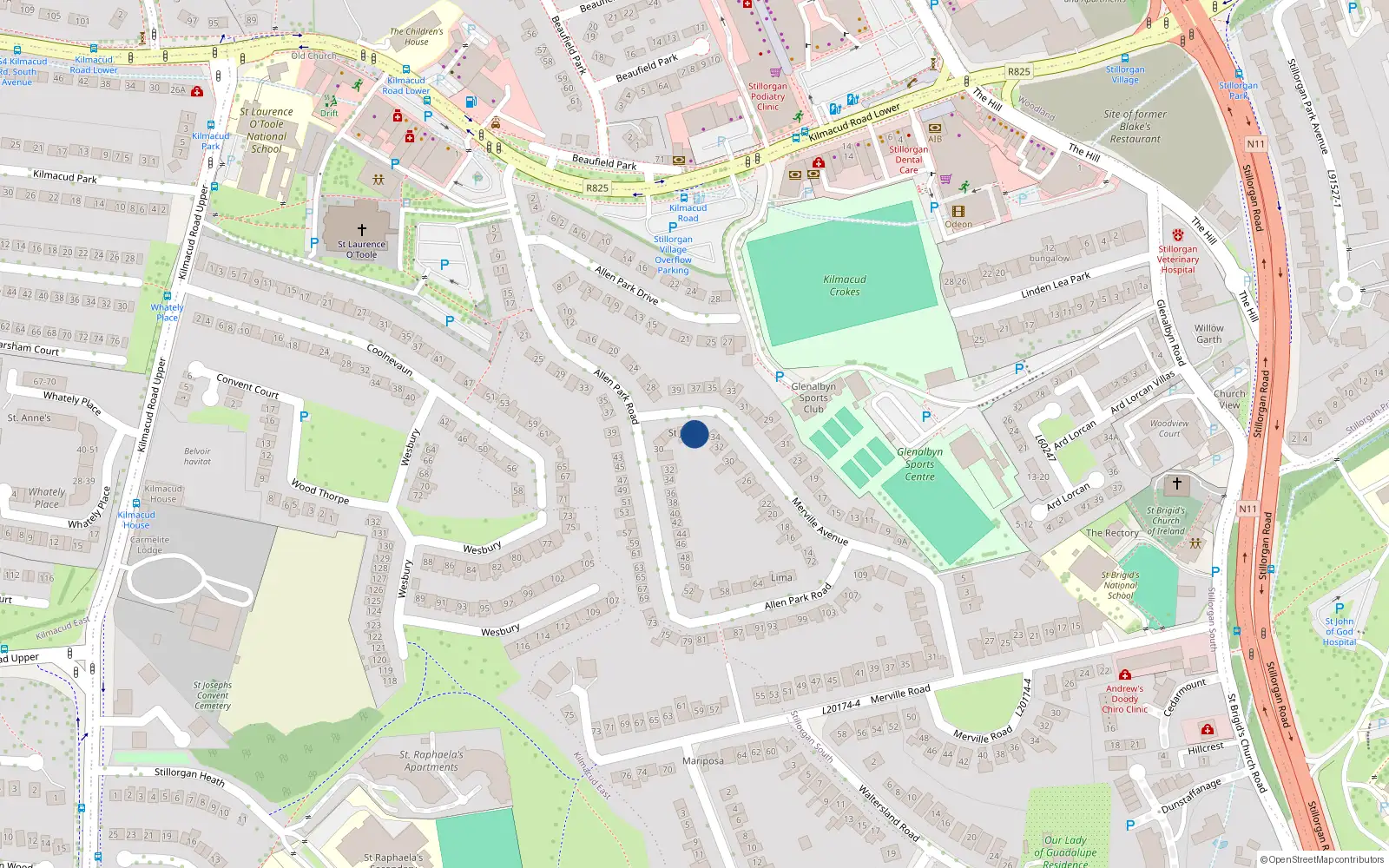 Overhead map showing the location of 36 Merville Avenue, Stillorgan, Dublin