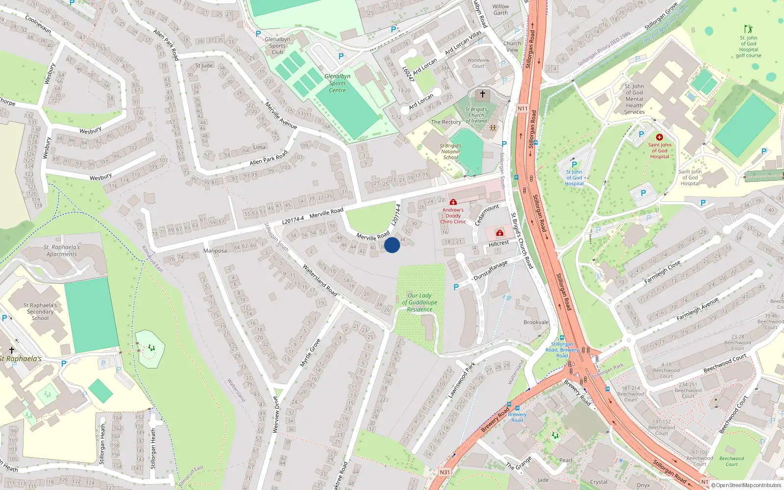 Overhead map showing the location of 36 Merville Road, Dublin