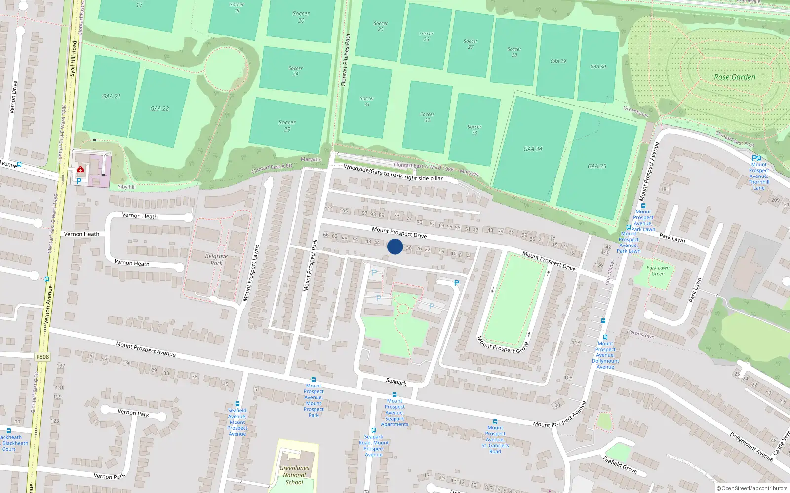Overhead map showing the location of 36 Mount Prospect Drive, Dublin 3