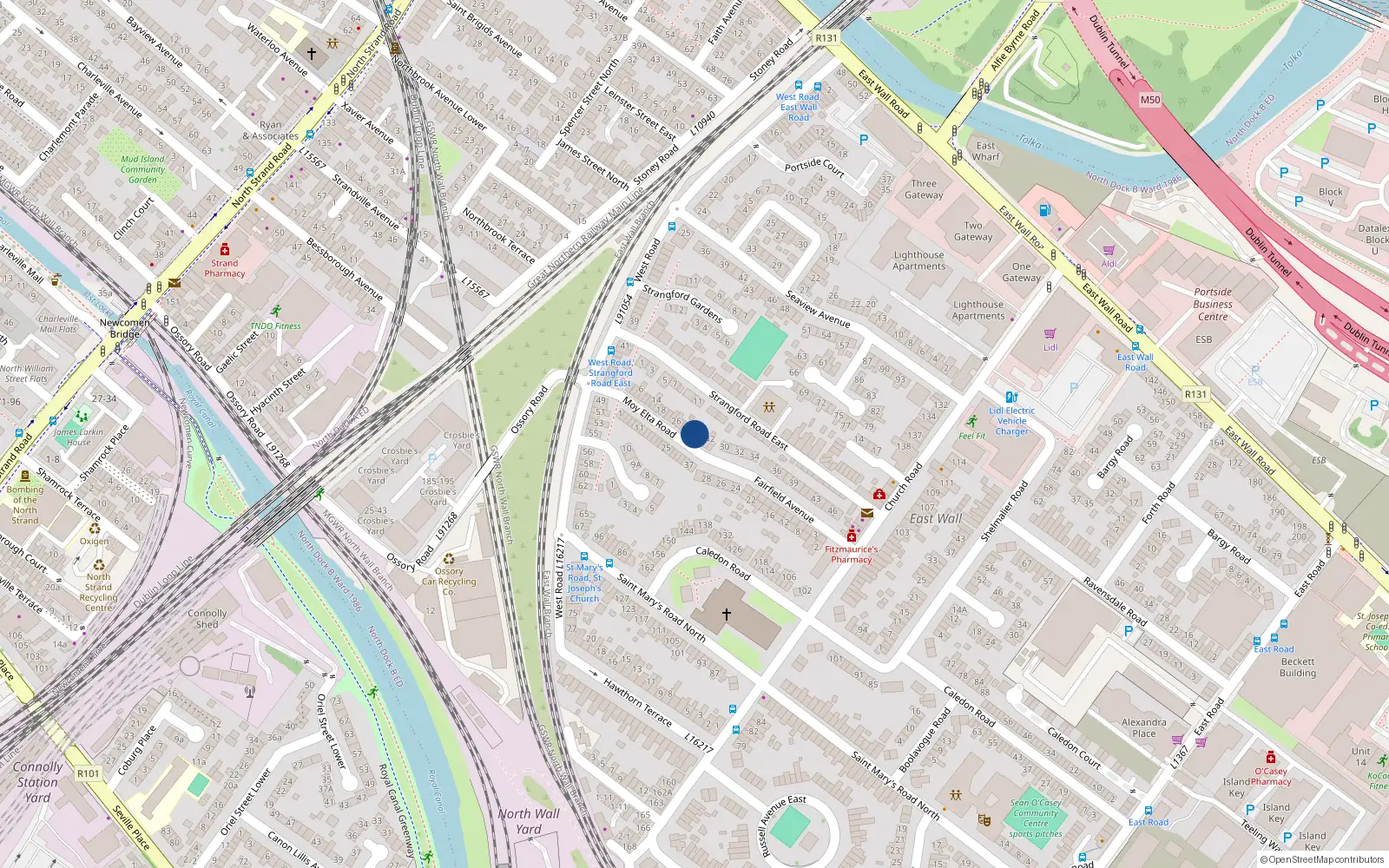 Overhead map showing the location of 36 Moy Elta Road, Dublin 3