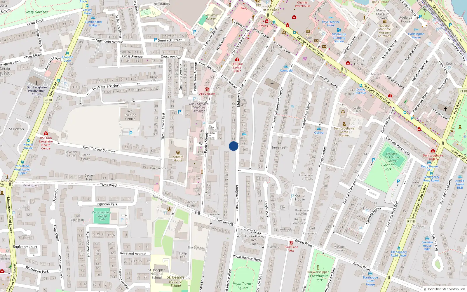 Overhead map showing the location of 36 Mulgrave Street, Dublin