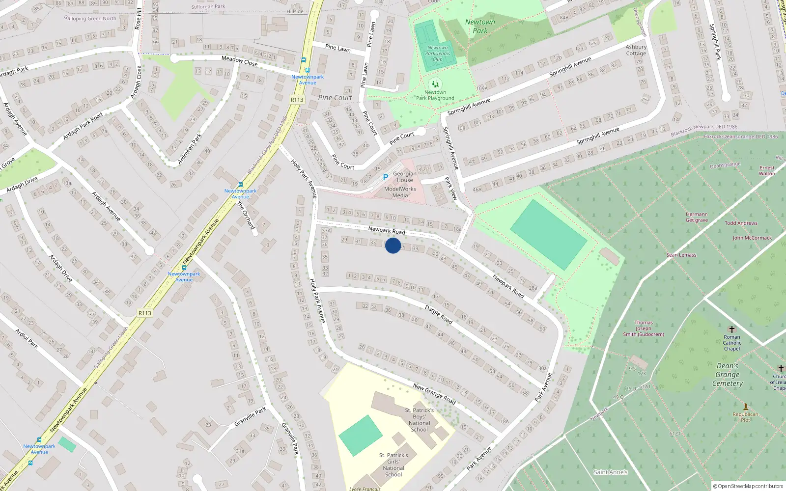 Overhead map showing the location of 36 New Park Road, Blackrock, Dublin