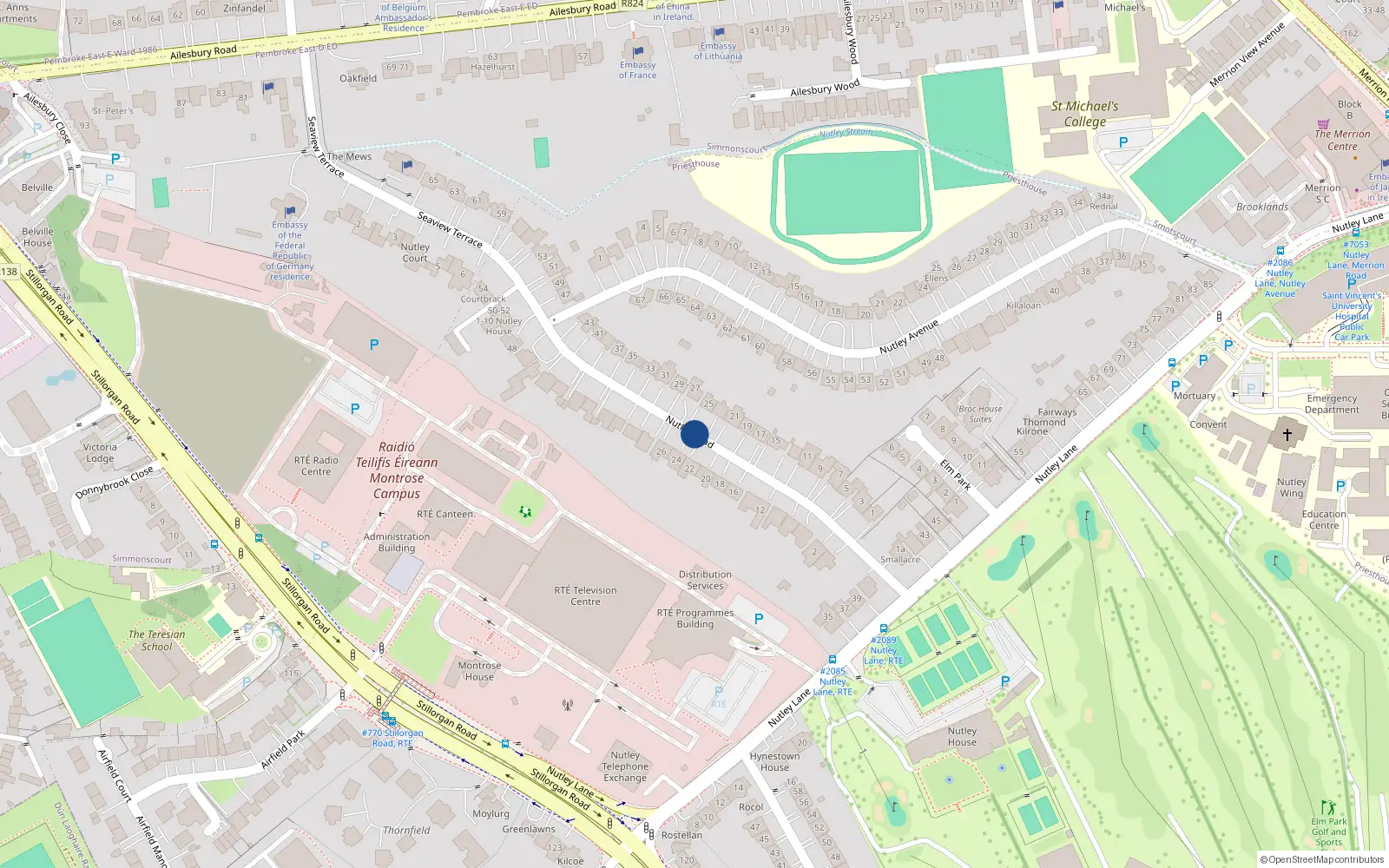 Overhead map showing the location of 36 Nutley Road, Merrion