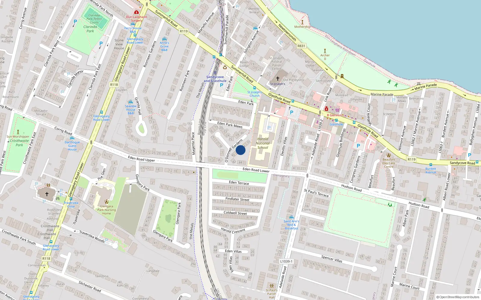 Overhead map showing the location of 36 O'Donnell Gardens, Dublin