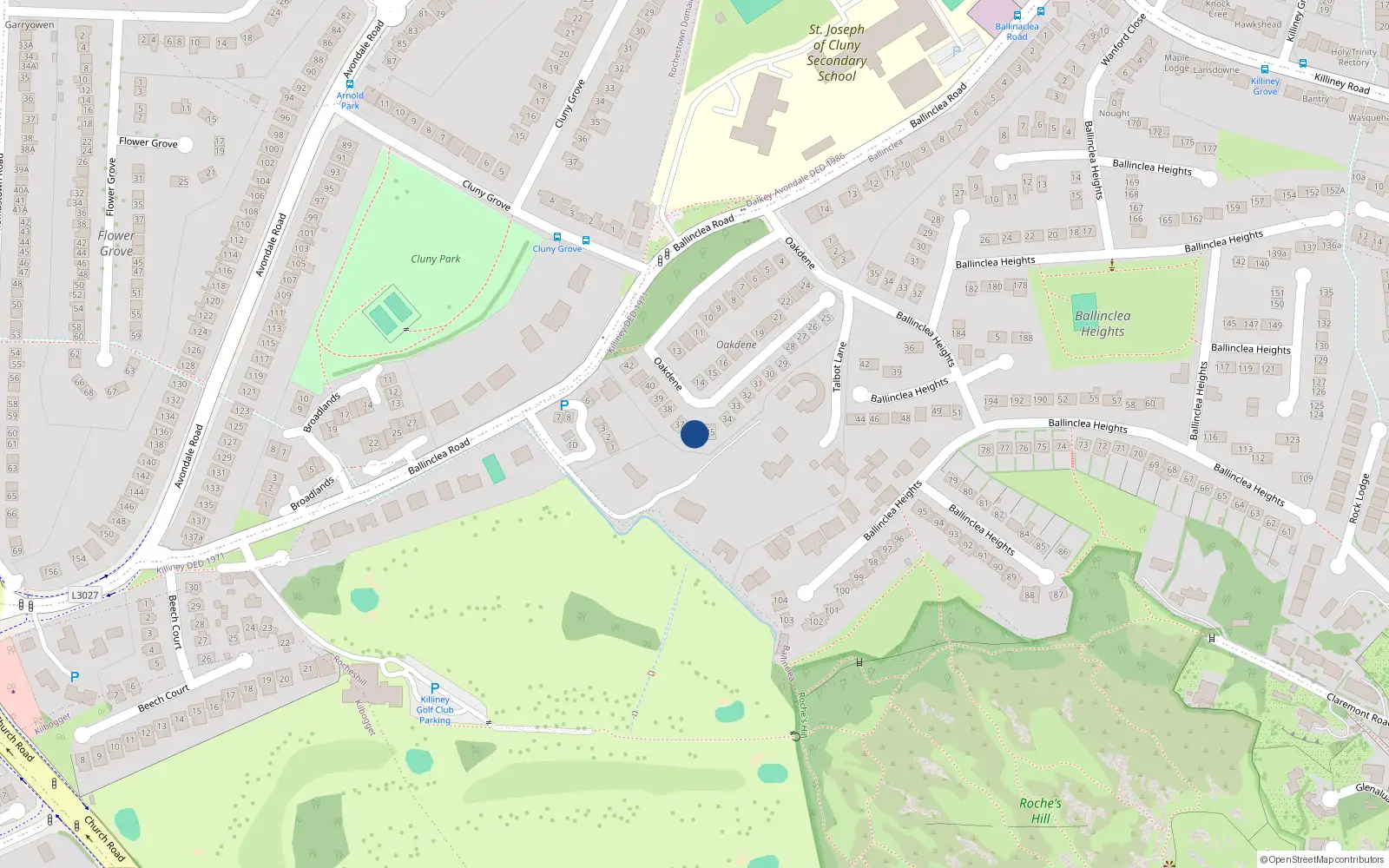 Overhead map showing the location of 36 Oakdene, Killiney