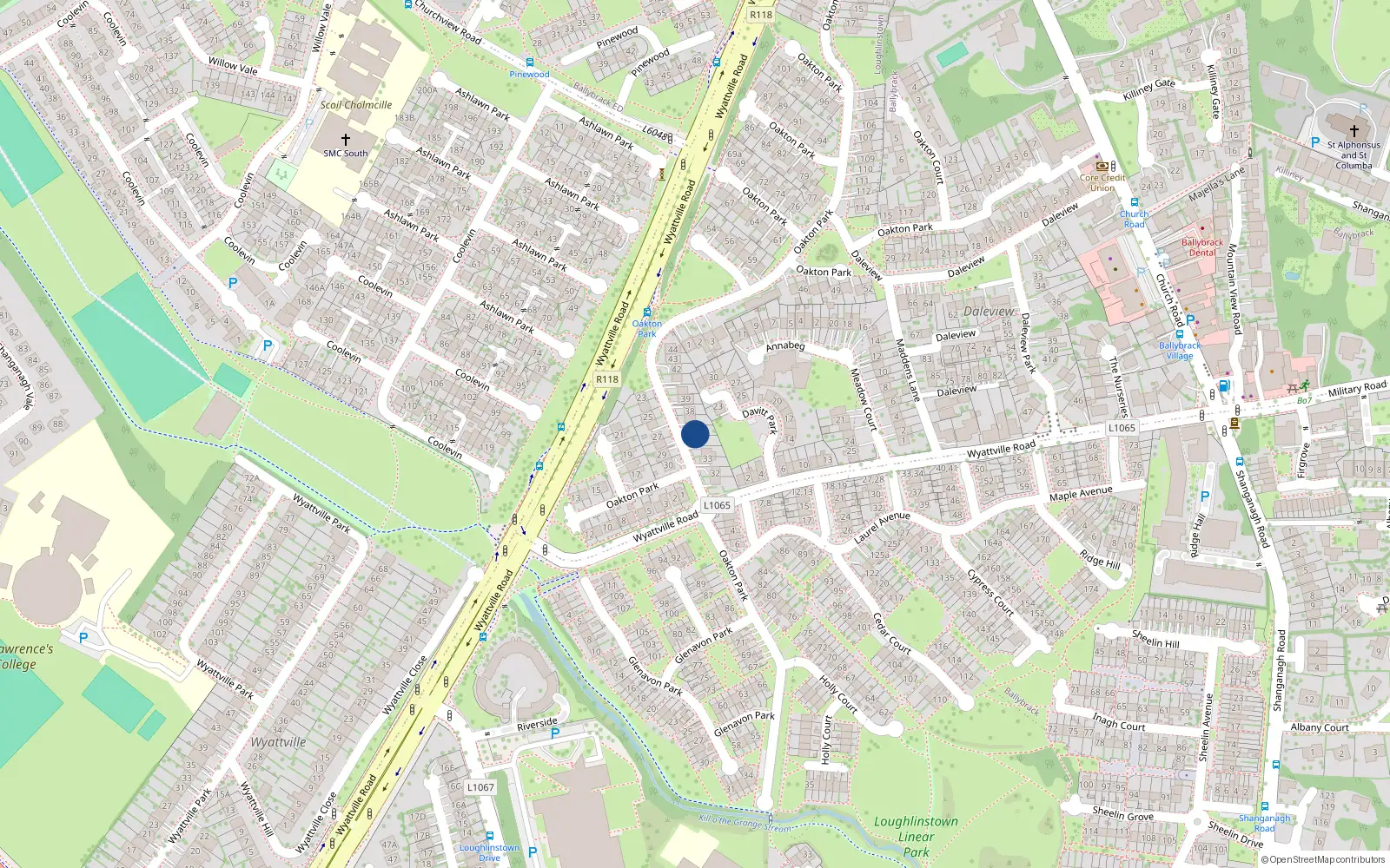 Overhead map showing the location of 36 Oakton Park, Ballybrack, Dublin