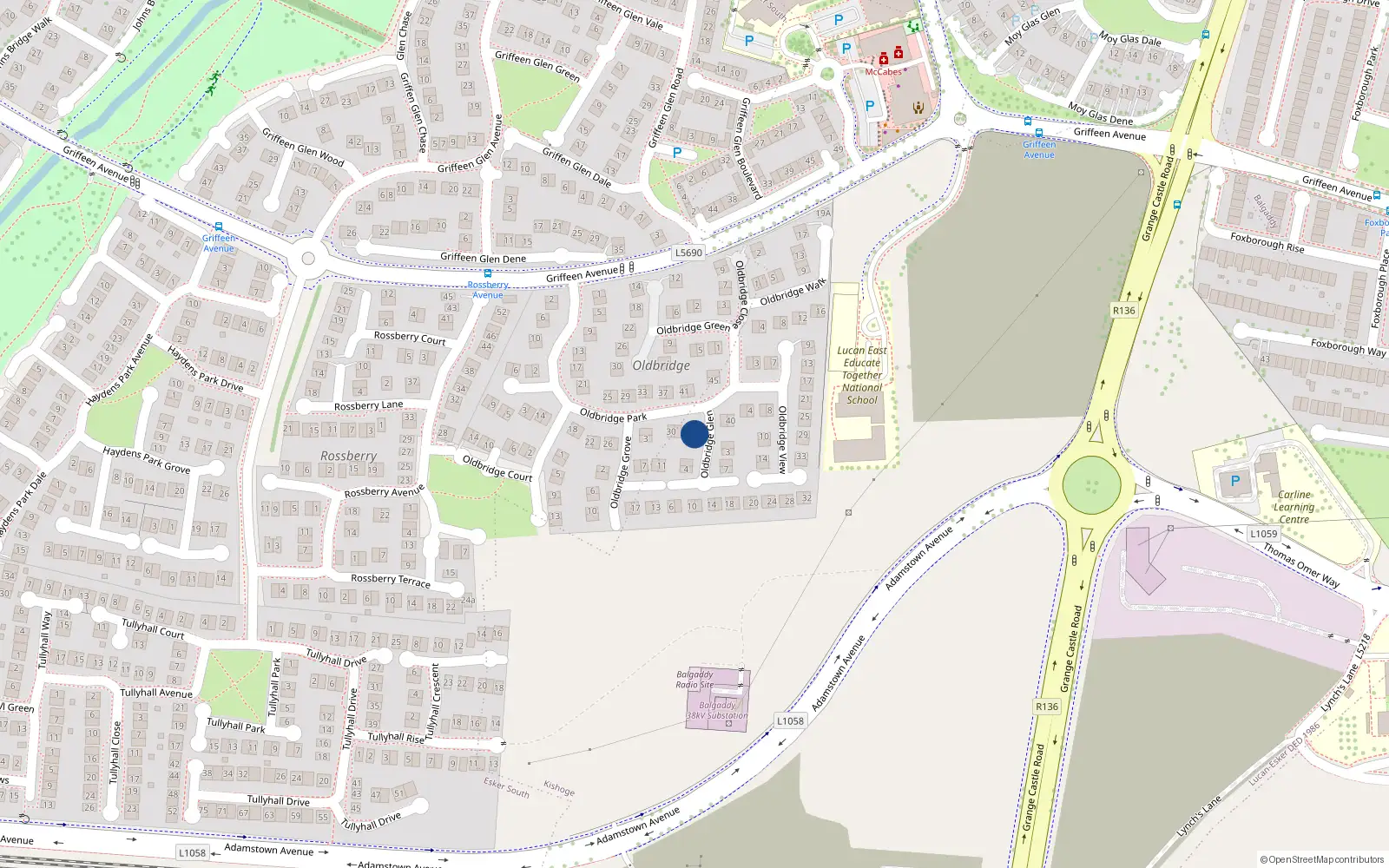 Overhead map showing the location of 36 Oldbridge Park, Lucan
