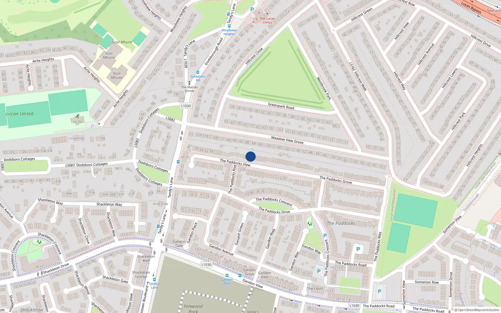 Overhead map showing the location of 36 Paddocks View, Lucan, Adamstown