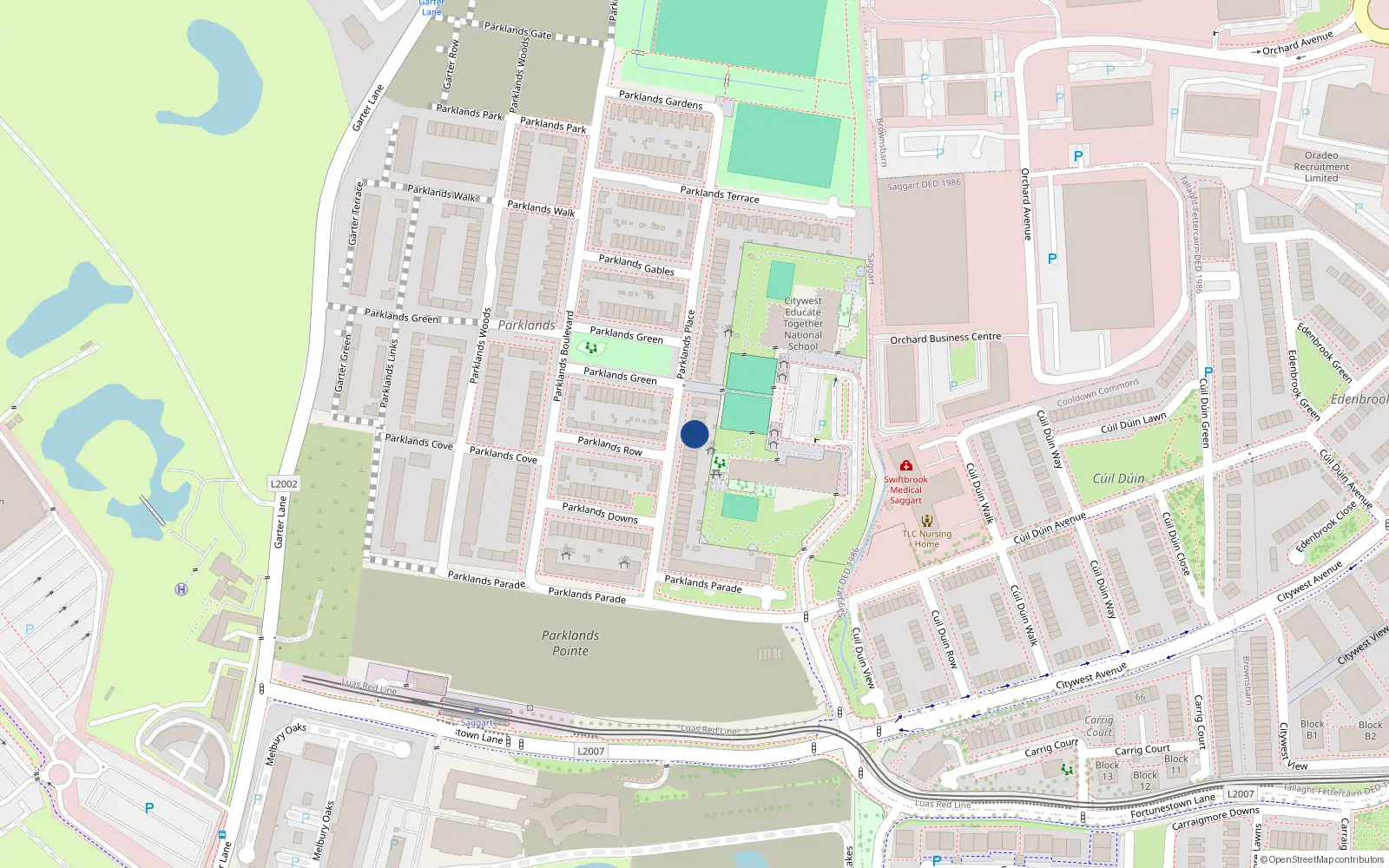 Overhead map showing the location of 36 Parklands Place, Saggart
