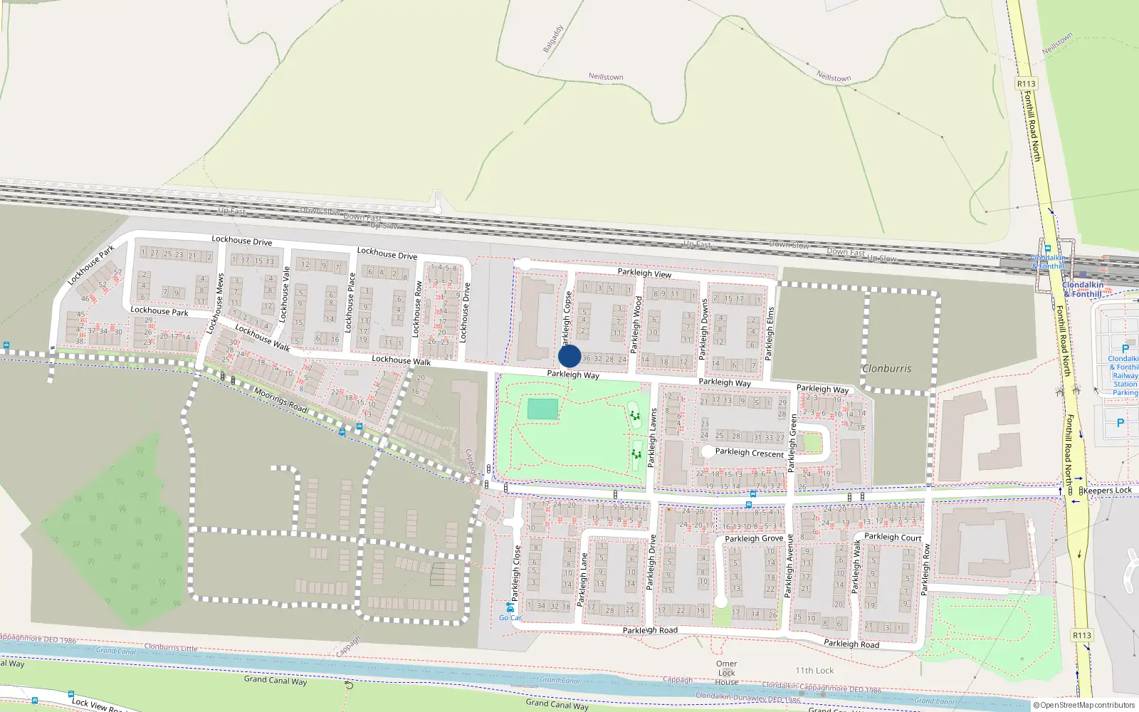 Overhead map showing the location of 36 Parkleigh Way, Dublin 22