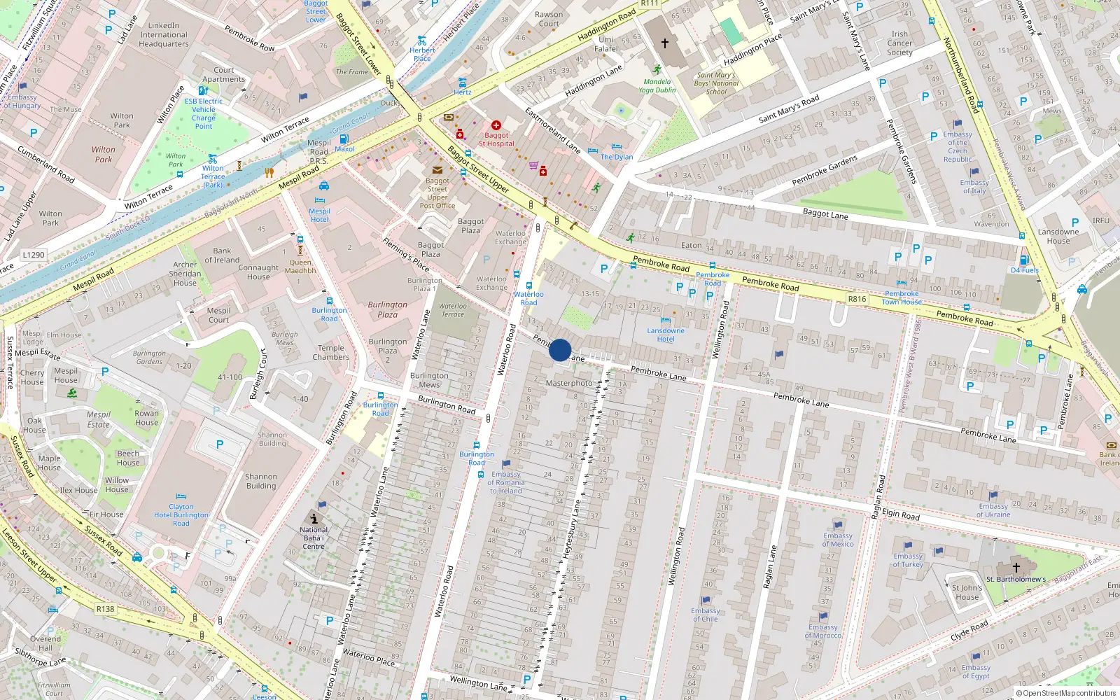Overhead map showing the location of 36 Pembroke Lane, Dublin 4