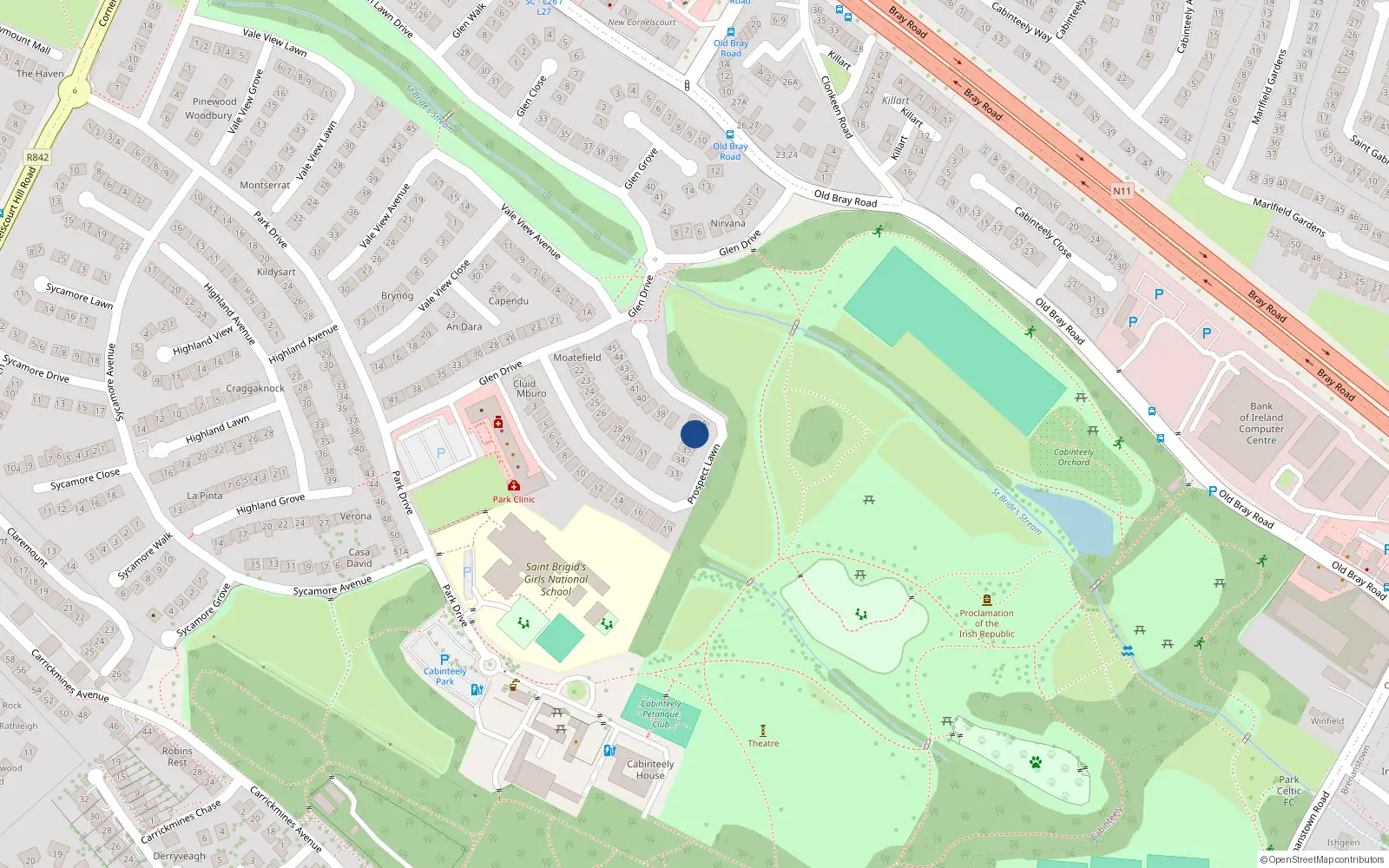 Overhead map showing the location of 36 Prospect Lawn, Cabinteely