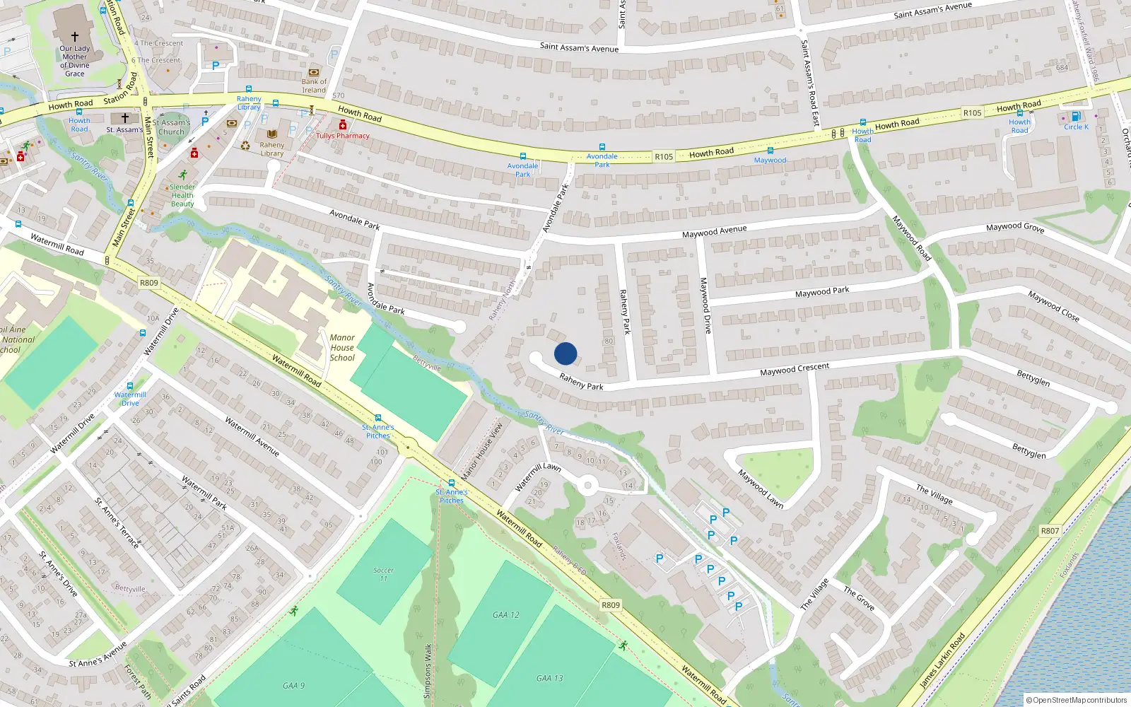 Overhead map showing the location of 36 Raheny Park, Dublin 5