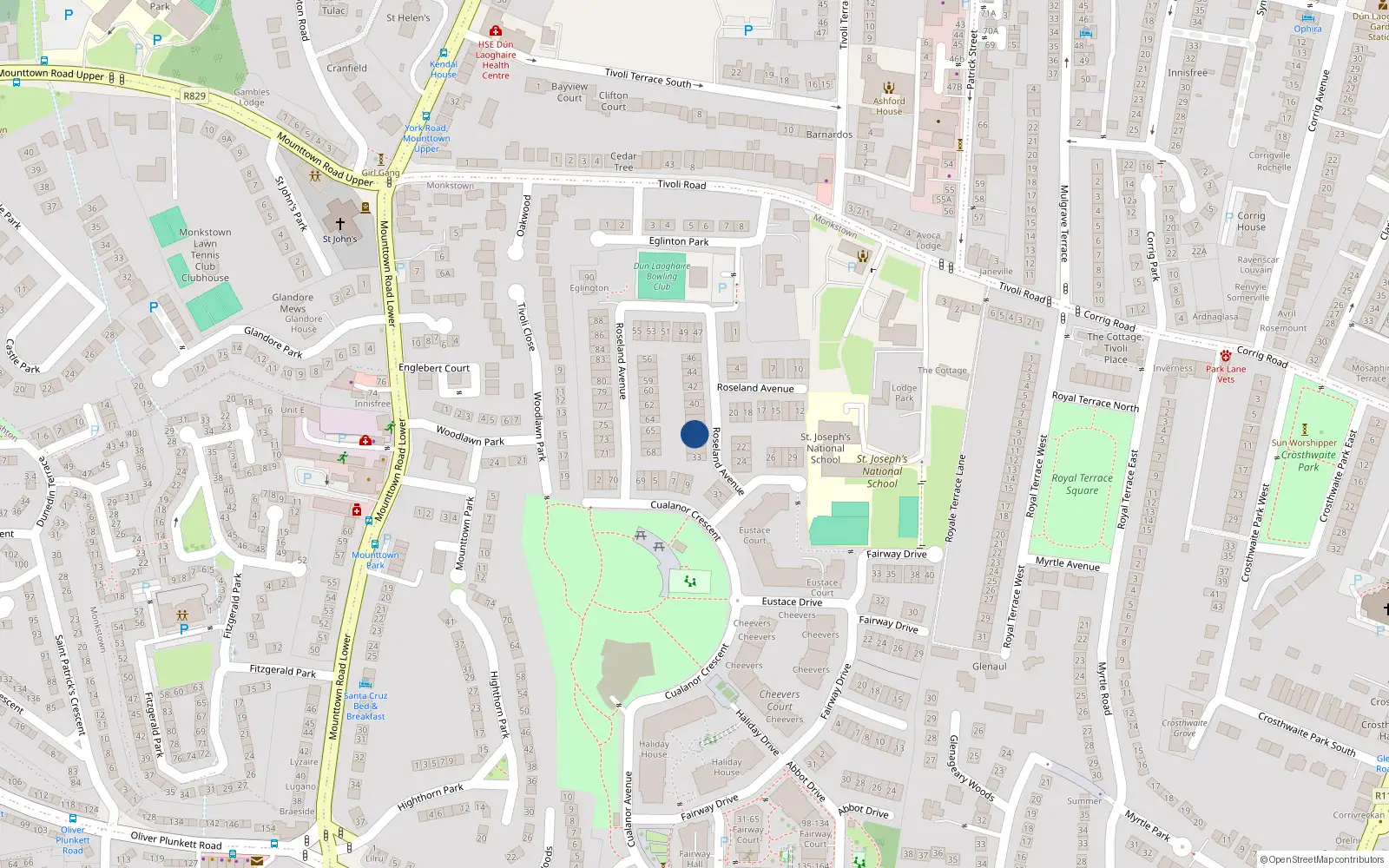 Overhead map showing the location of 36 Roseland Avenue, Dun Laoghaire