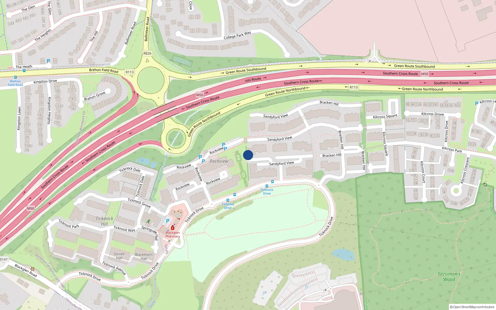 Overhead map showing the location of 36 Sandyford View, Sandyford