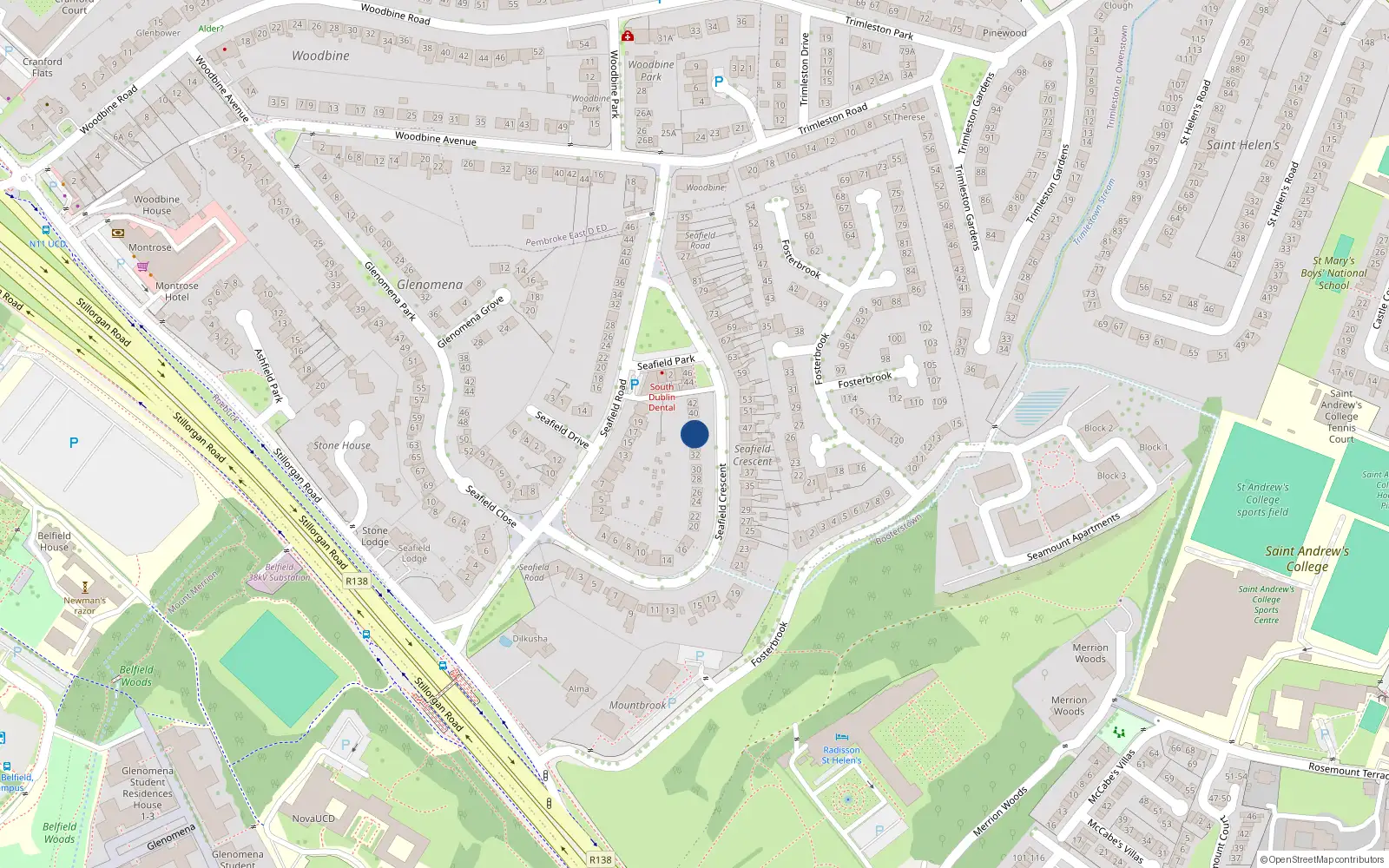 Overhead map showing the location of 36 Seafield Crescent, Blackrock