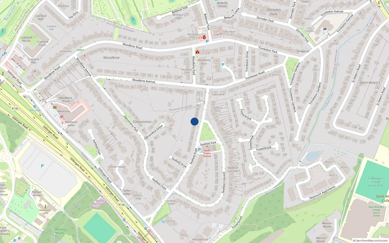 Overhead map showing the location of 36 Seafield Road, Blackrock, Dublin